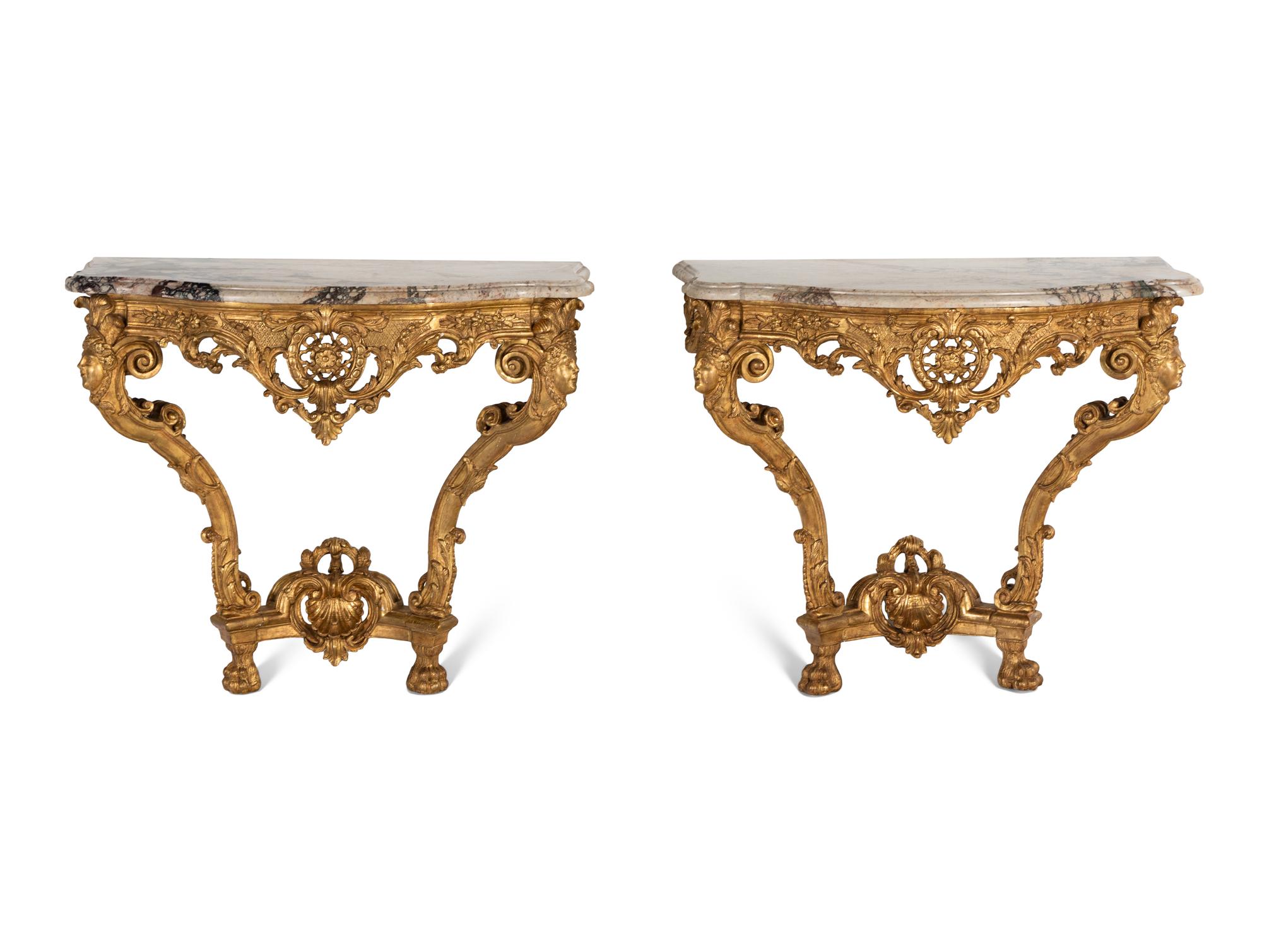 A Pair of Régence Style Giltwood Marble-Top Console Tables