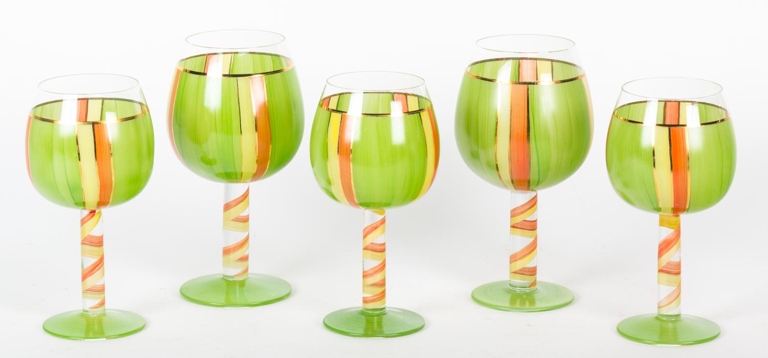 A Set of Twenty Handpainted Stemmed Wine Glasses Height of tallest 8 inches.