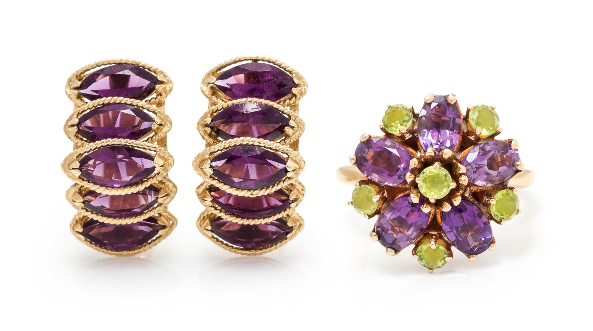 A Collection of Yellow Gold, Amethyst and Peridot Jewelry, 6.50 dwts.