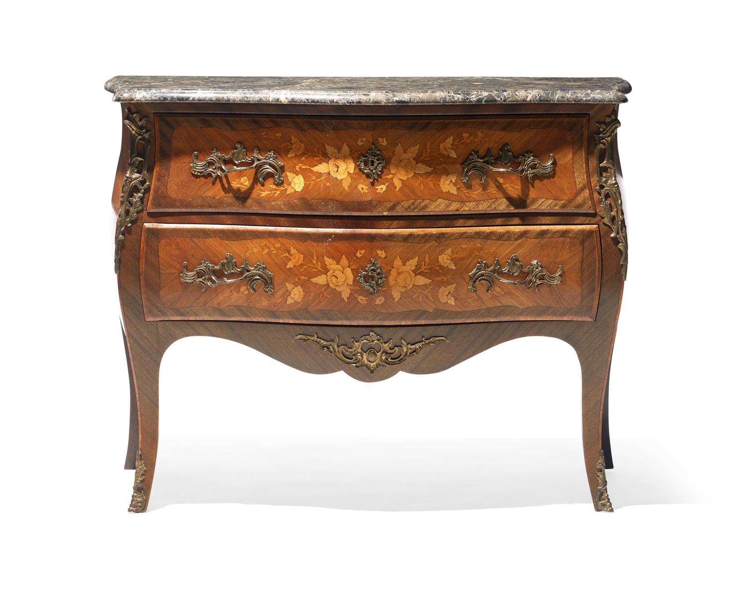 A Louis XV Style Marquetry Commode with Breccia Marble Top
