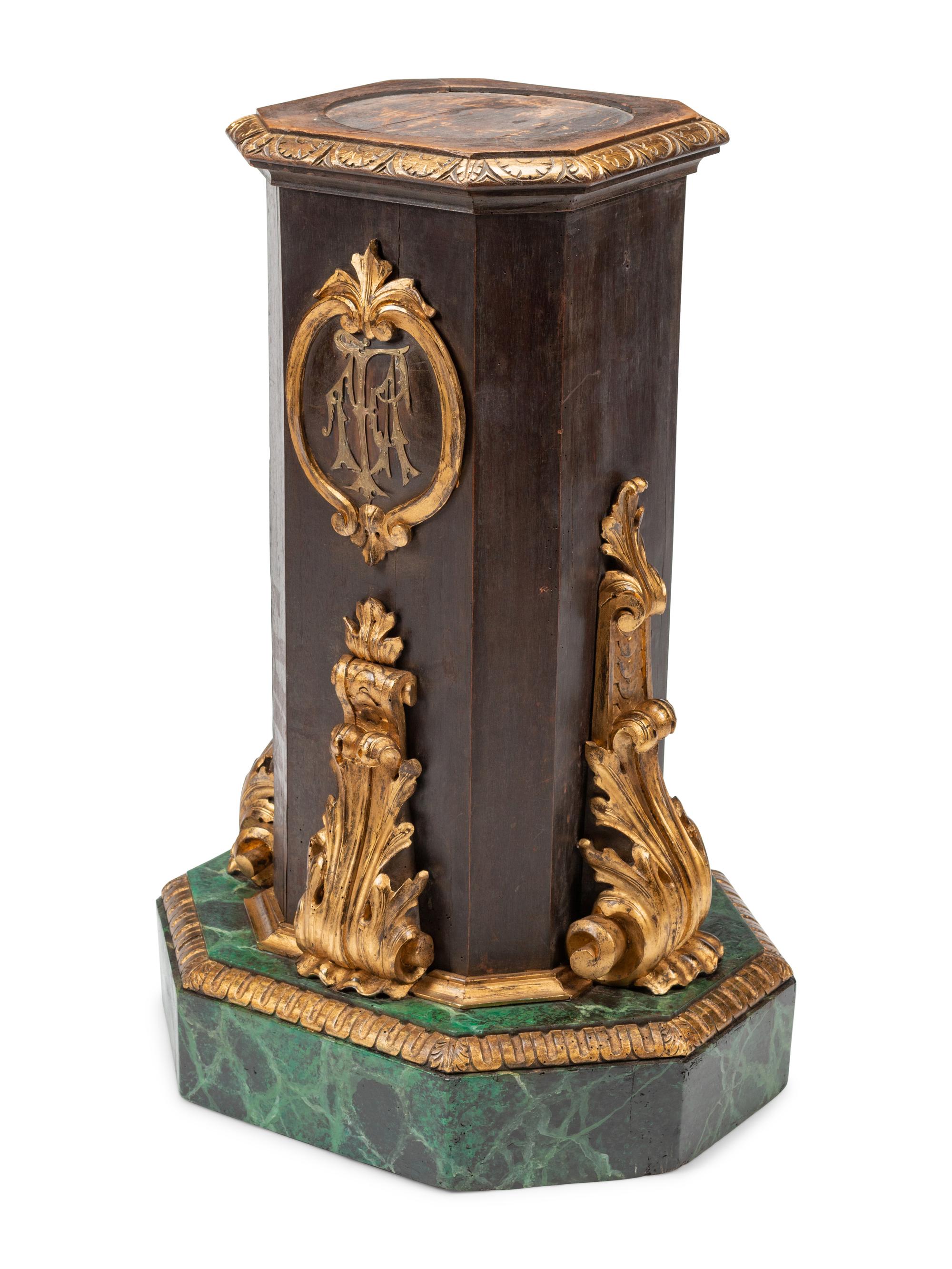 A Continental Bronze Mounted Faux Marble Painted and Parcel Gilt Pedestal