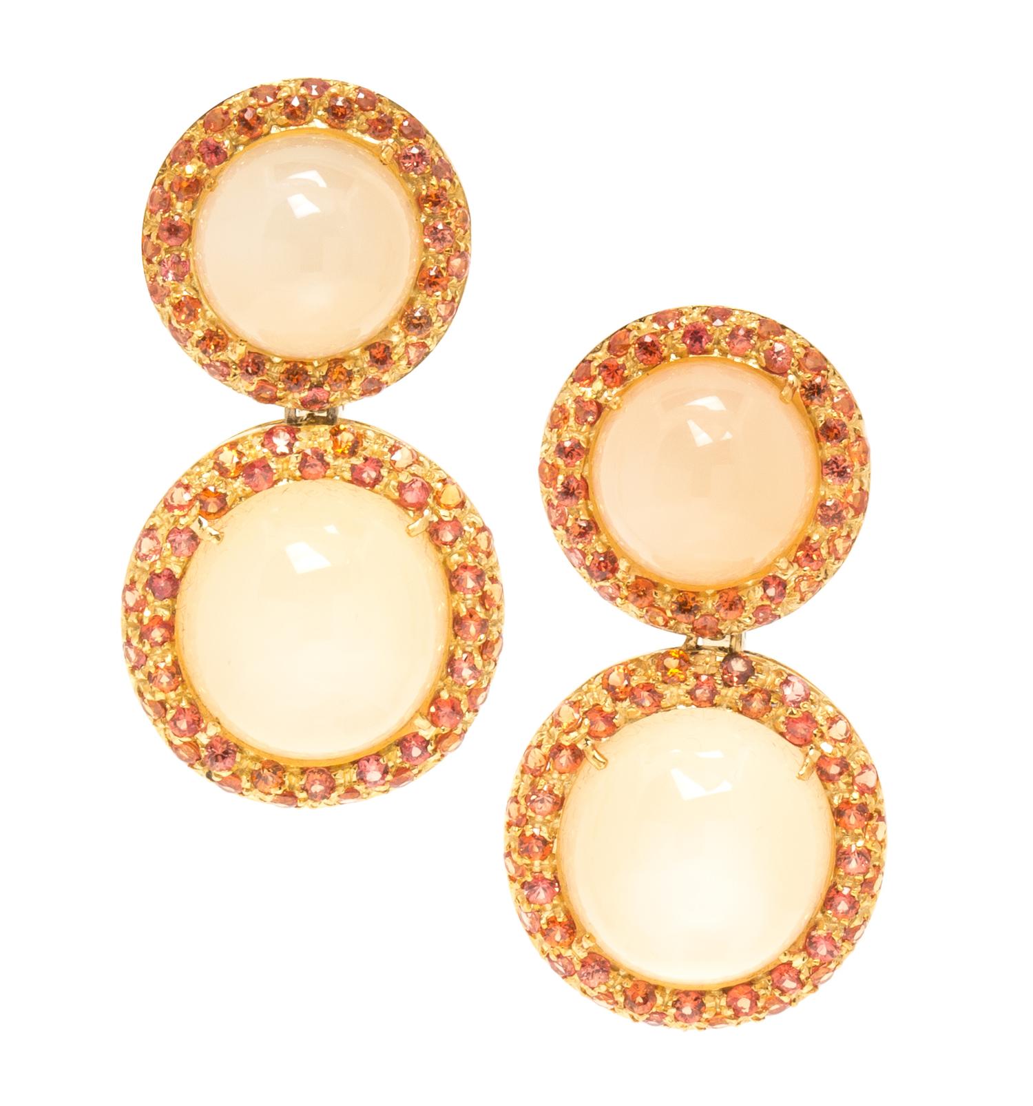 A Pair of 18 Karat Yellow Gold, Moonstone and Sapphire Earclips, 17.90 dwts.