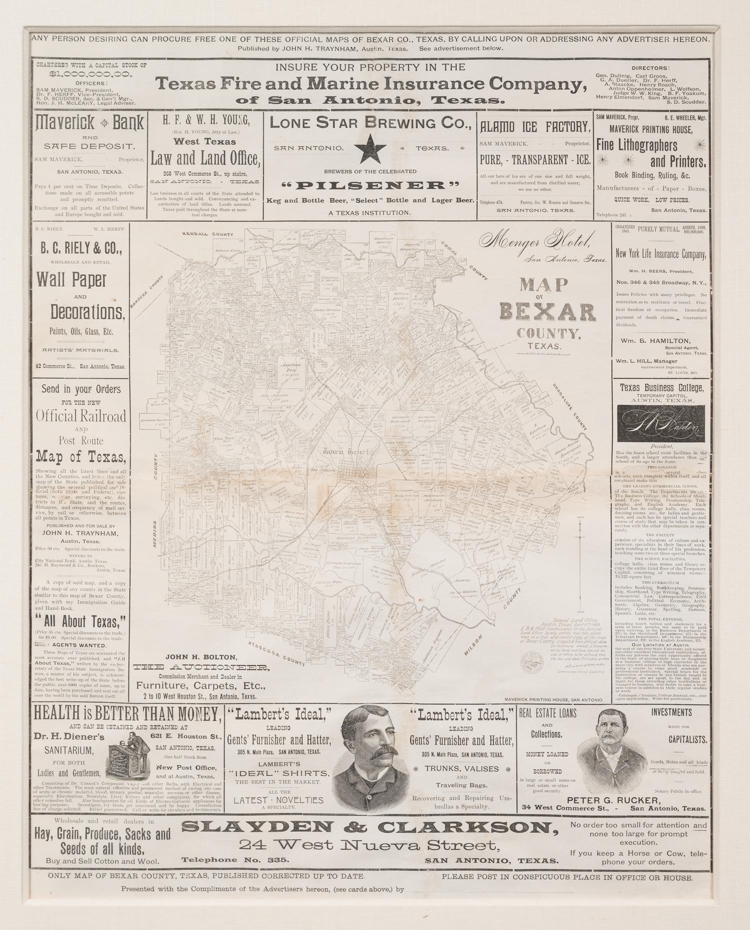 [TEXAS]. Map of Bexar County, Texas . San Antonio and Austin: Samuel Maverick & John H. Traynham, 1889.