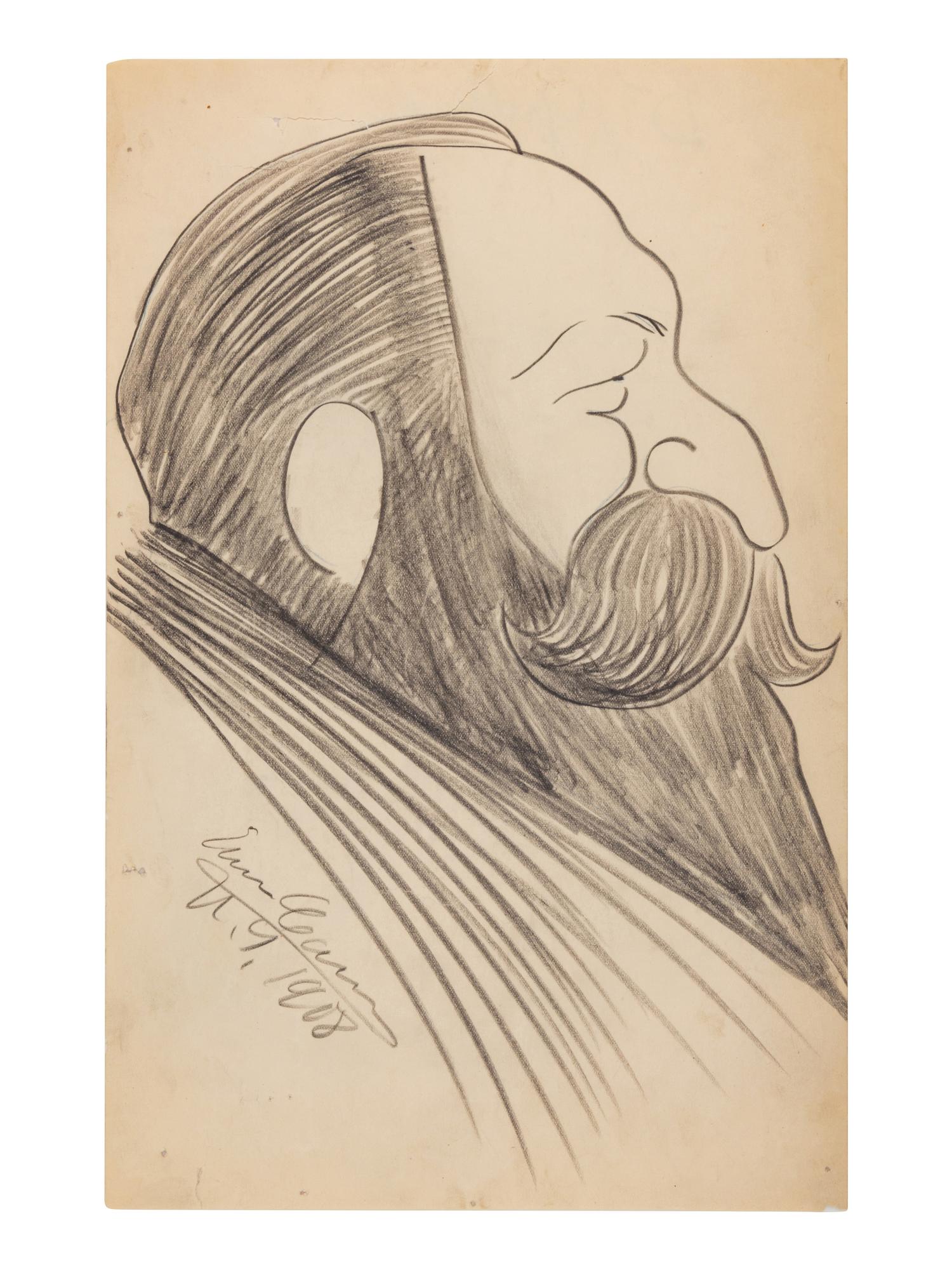 CARUSO, Enrico (1873-1921). Original drawing, profile caricature of Giuseppe Gullino, in pencil, signed and dated lower left ("Enrico Caruso N. Y. 1908").