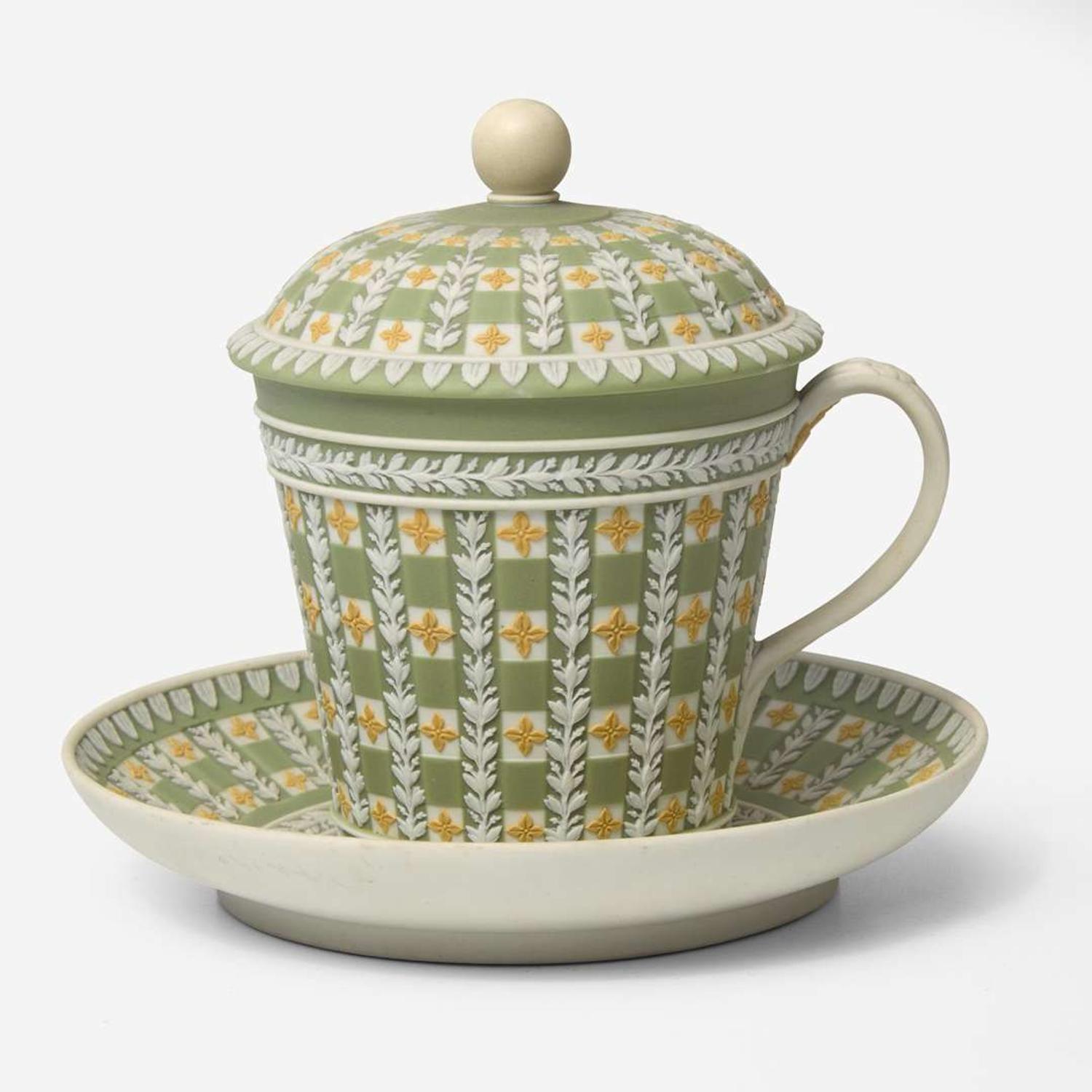 A Wedgwood Tricolor Diced Jasperware Lidded Chocolate Cup and Saucer UK, circa 1800