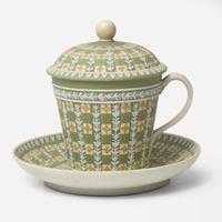 A Wedgwood Tricolor Diced Jasperware Lidded Chocolate Cup and Saucer UK, circa 1800