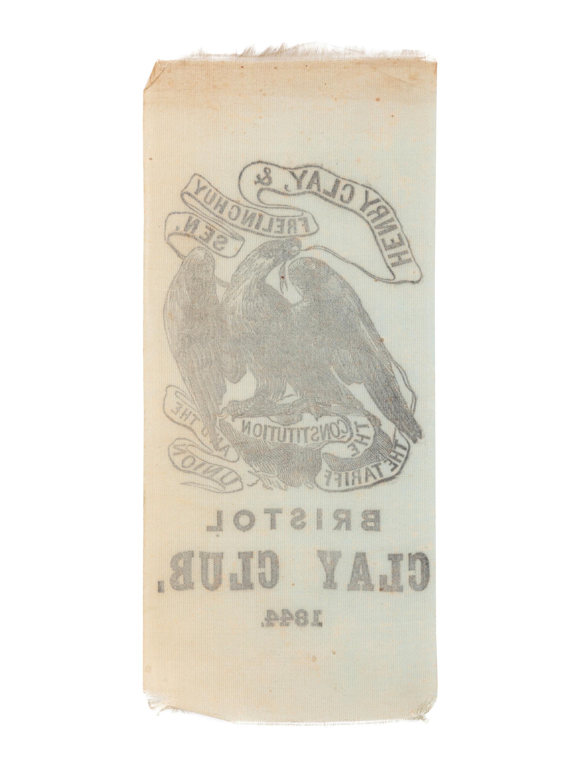 [POLITICS]. Henry Clay, & Frelinghuysen / Bristol Clay Club, 1844 . Silk ribbon.