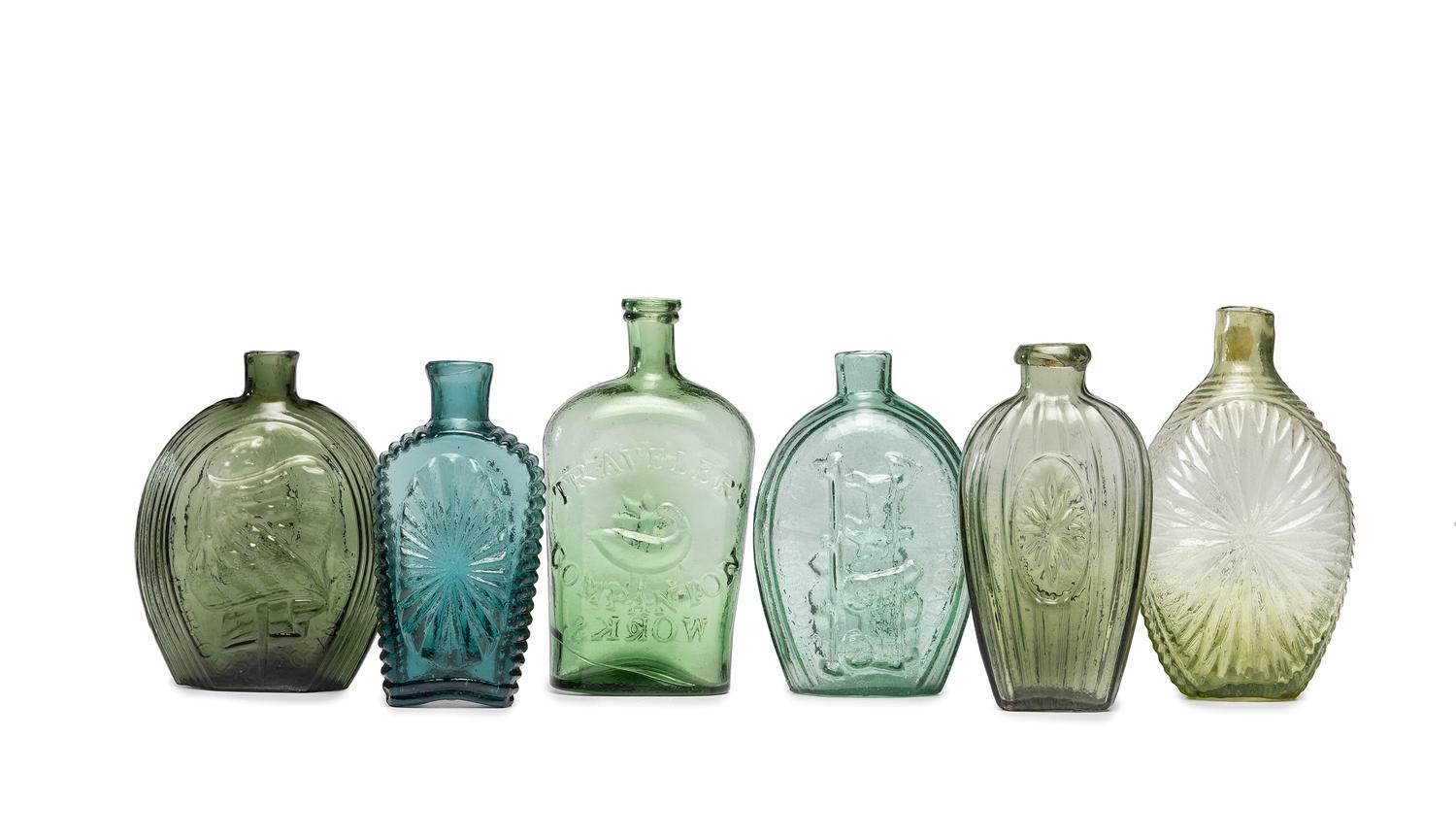 Six Molded Glass Green and Olive Flasks
