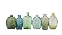Six Molded Glass Green and Olive Flasks