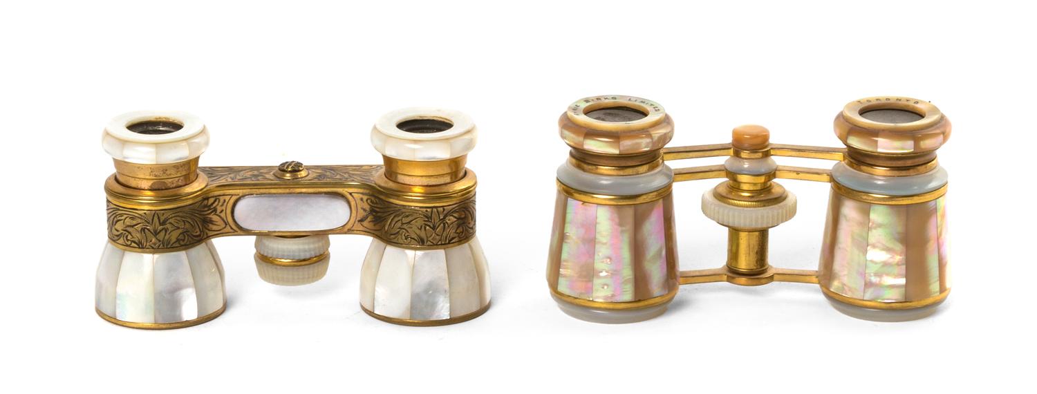 Two Pairs of Mother-of-Pearl Veneered Opera Glasses, Width of first 3 5/8 inches.