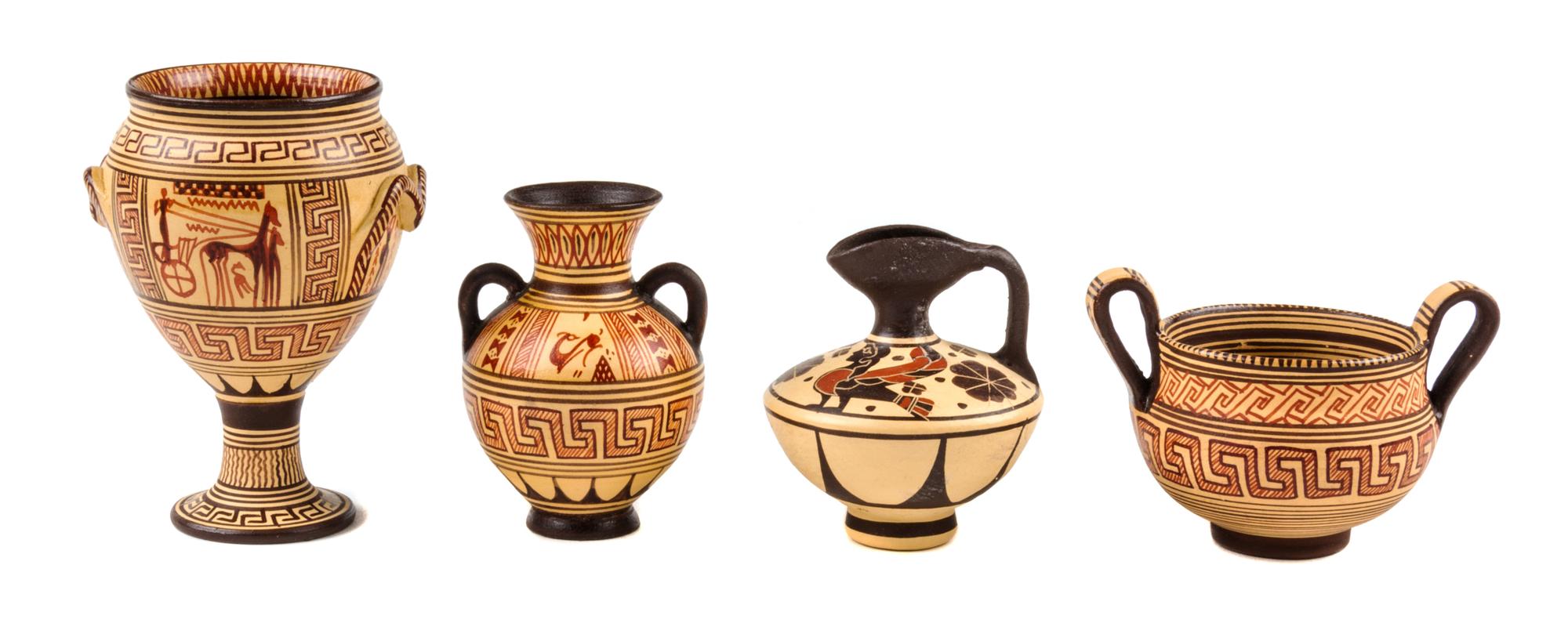 Four Greek Style Pottery Vessels Height of tallest 2 5/8 inches.