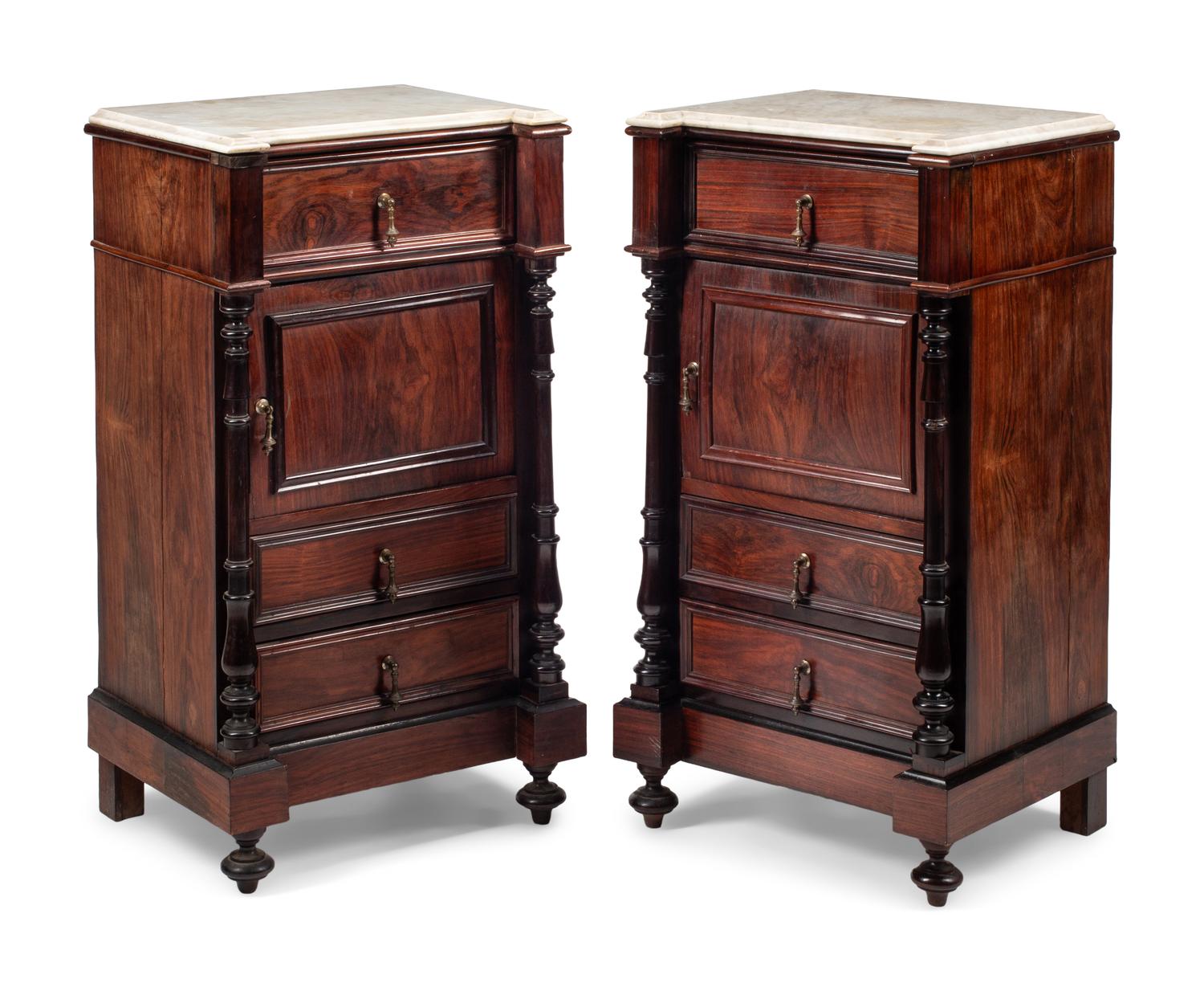 A Pair of Continental Rosewood Marble-Top Side Cabinets