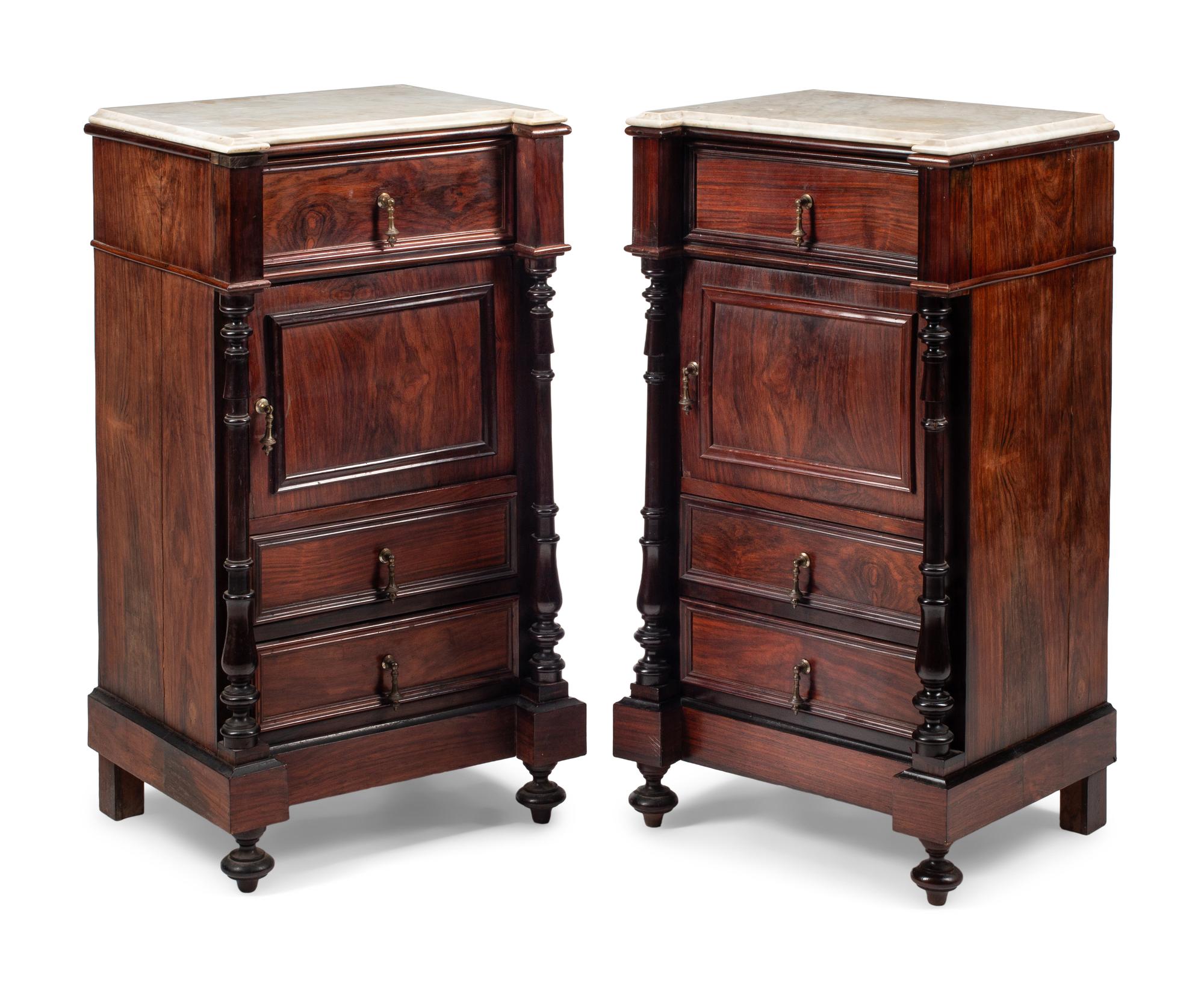 A Pair of Continental Rosewood Marble-Top Side Cabinets
