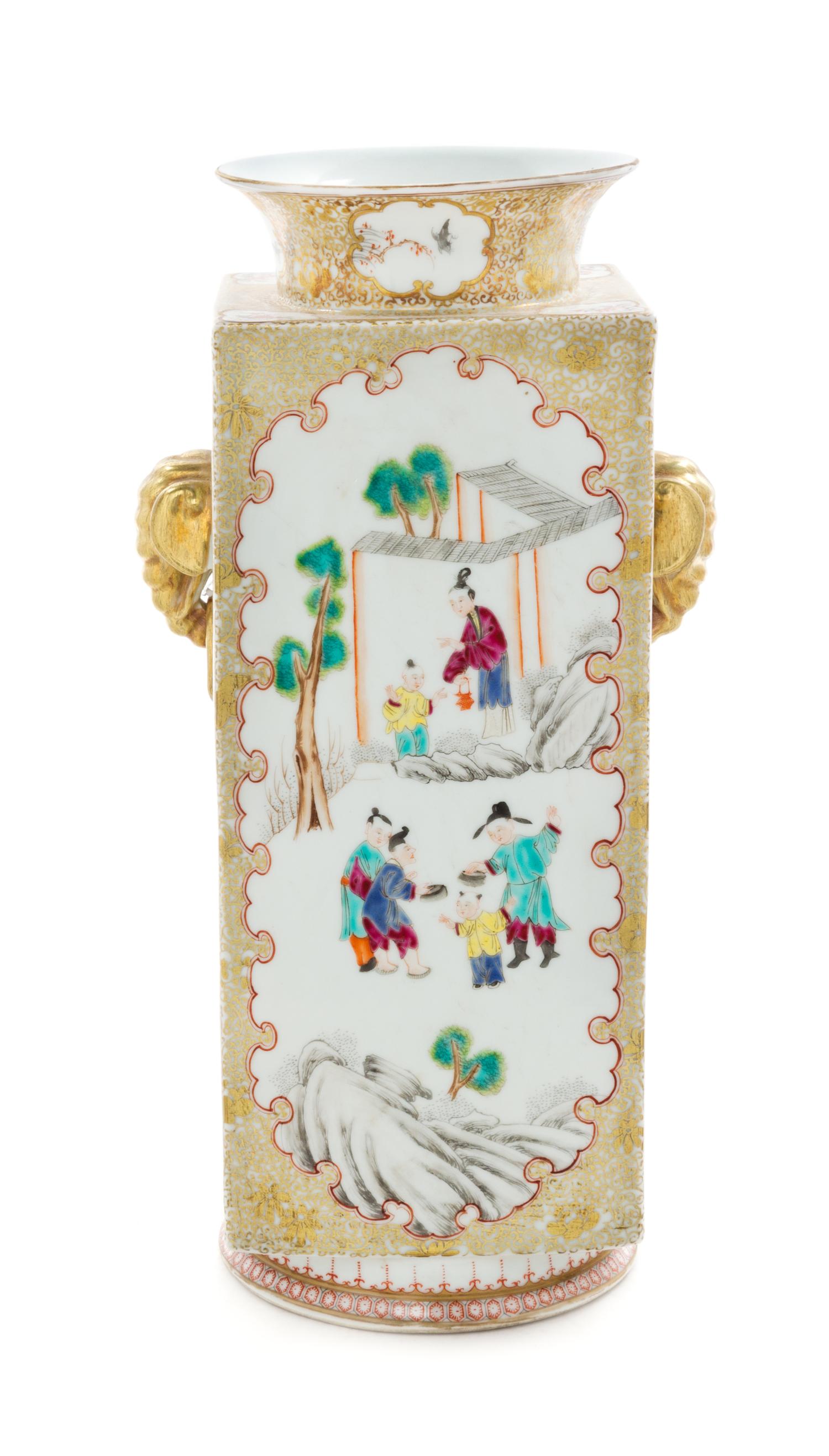 A Chinese Export Gilt Highlighted Famille Rose Porcelain Cong- Form Vase Height 16 inches.