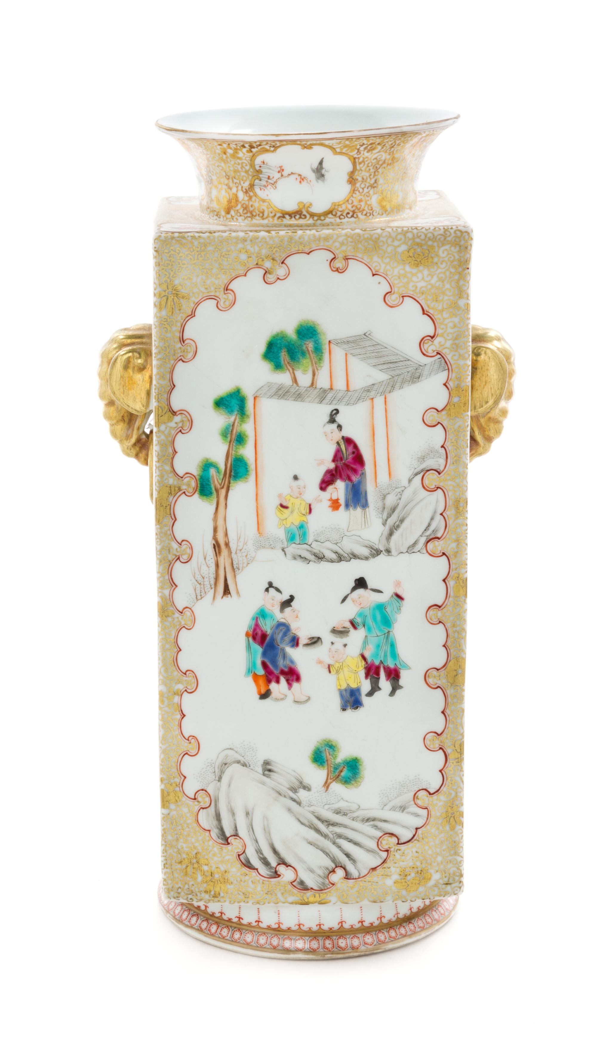 A Chinese Export Gilt Highlighted Famille Rose Porcelain Cong- Form Vase Height 16 inches.