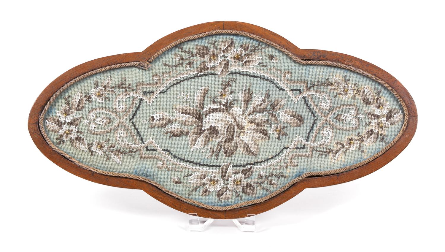 A Victorian Beadwork Embroidered Inset Cartouche-form Tray Length 21 x width 11 inches. — 19TH CENTURY