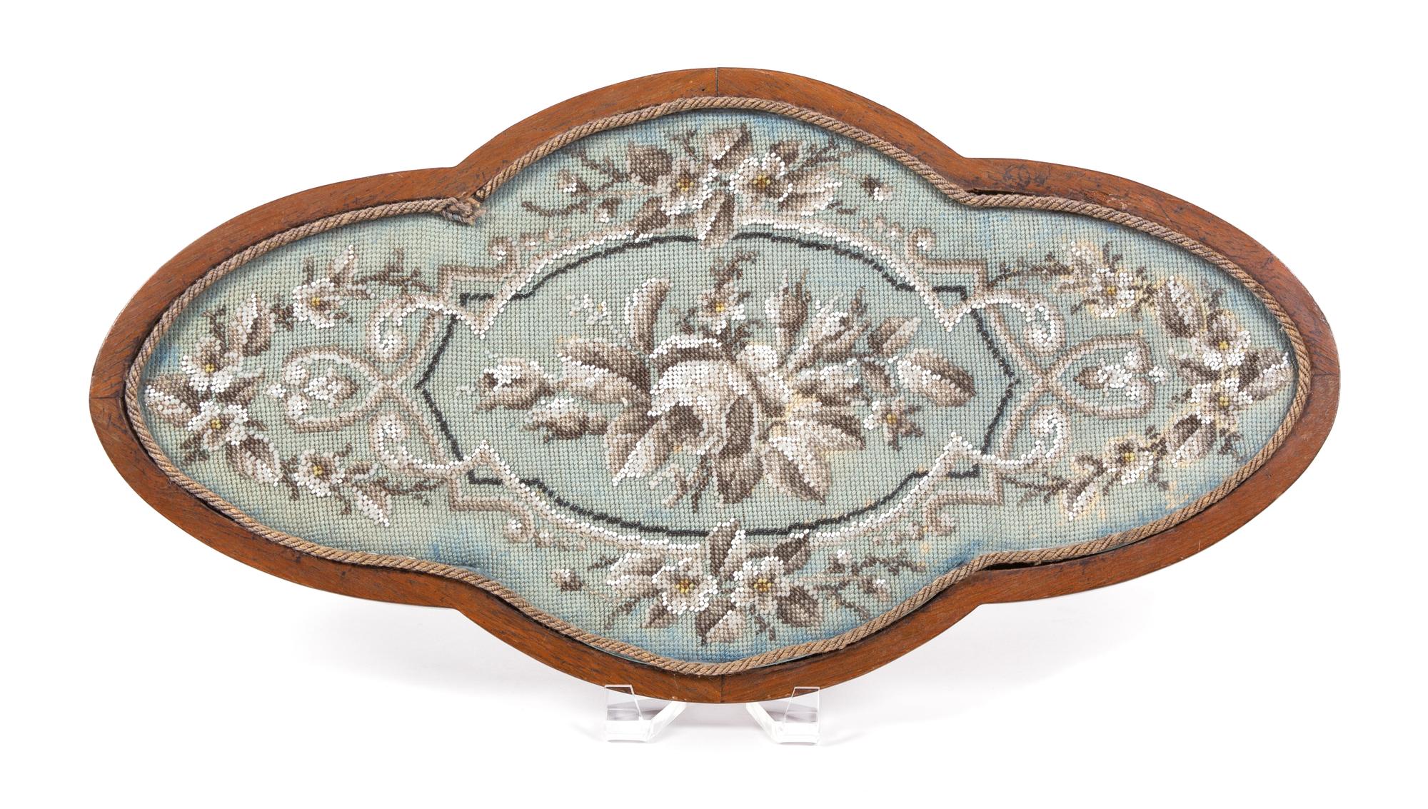 A Victorian Beadwork Embroidered Inset Cartouche-form Tray Length 21 x width 11 inches. — 19TH CENTURY