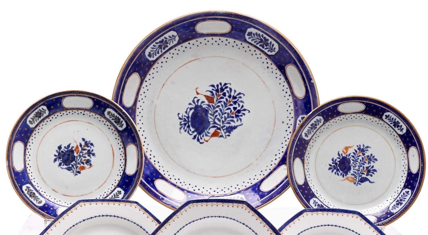 Chinese Export porcelain charger and pair of plates made for the Persian market 18th century