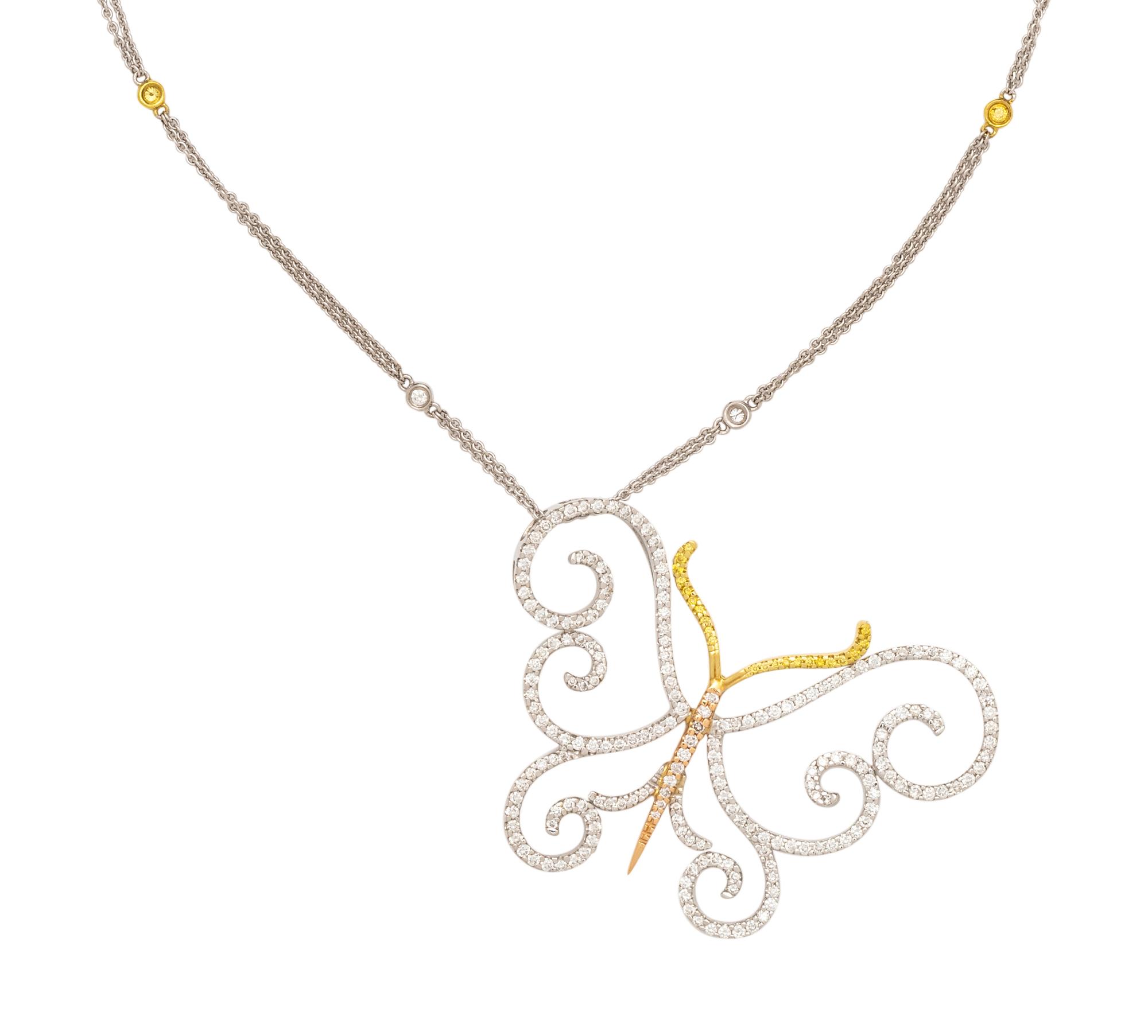 TRICOLOR GOLD, DIAMOND AND YELLOW DIAMOND BUTTERFLY PENDANT/NECKLACE