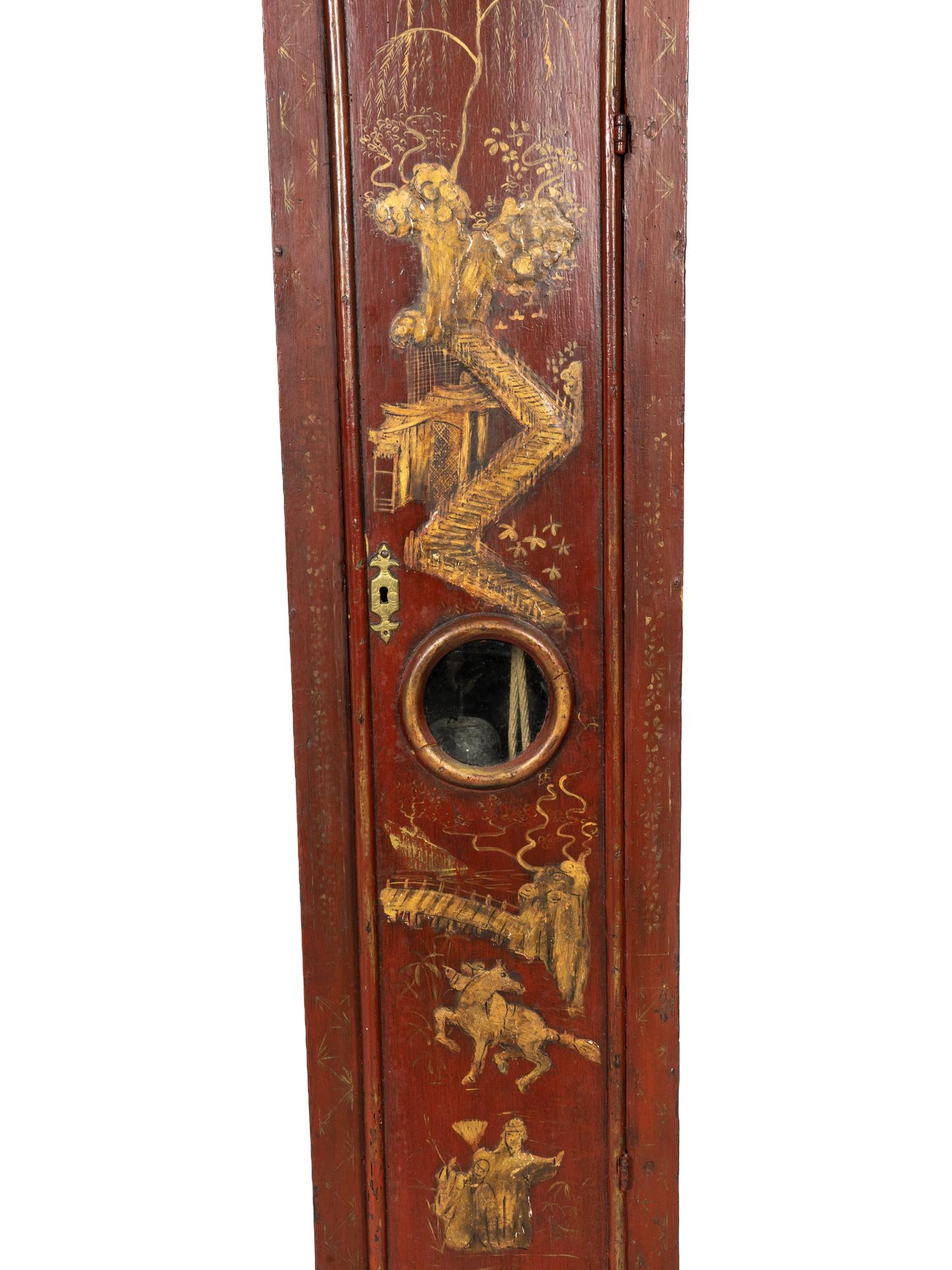 A George II Red Japanned Gilt Decorated Tall Case Clock