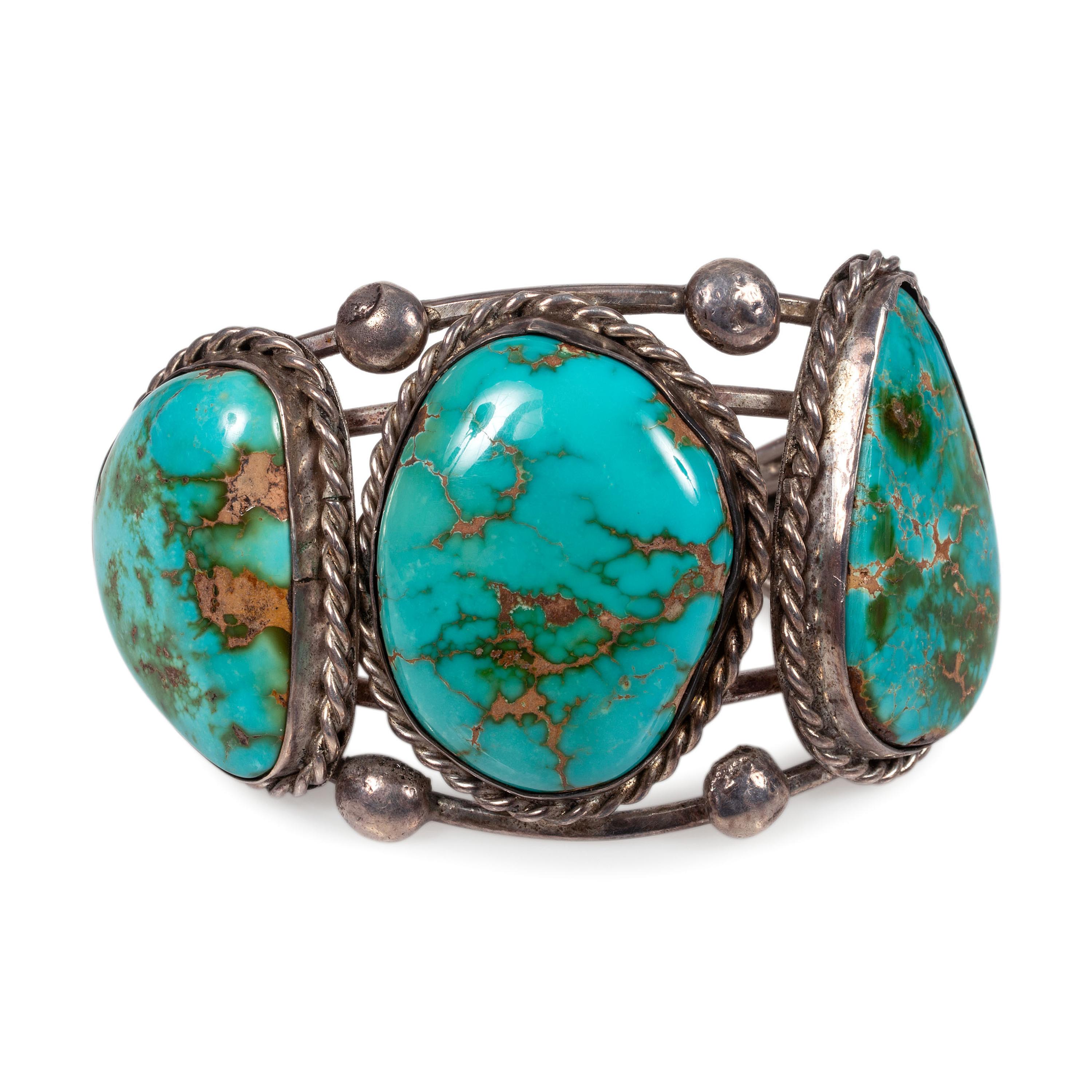 A Navajo Silver Wire and Turquoise Cuff Bracelet