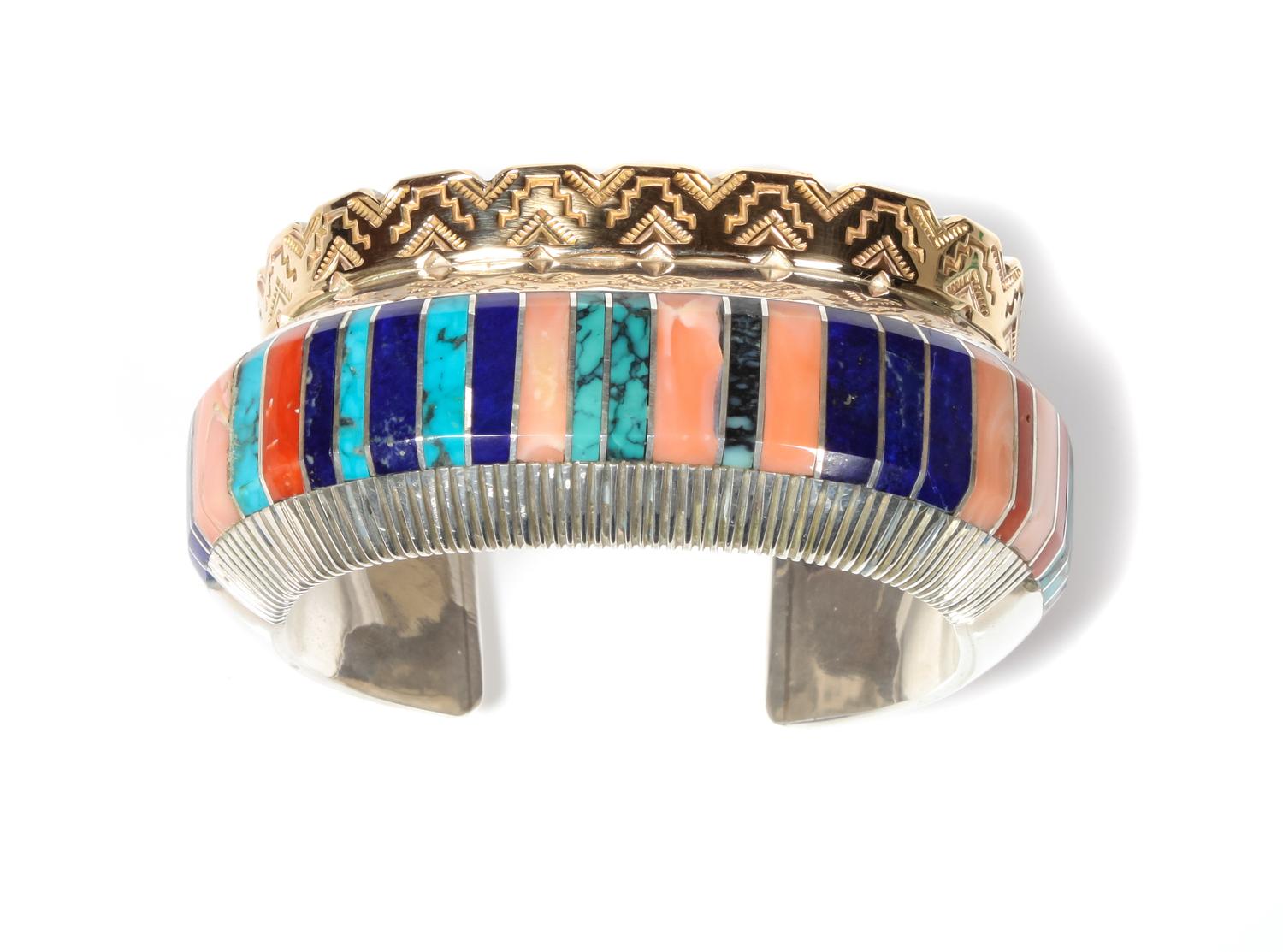 Navajo 14 Karat Gold, Silver and Multi-Stone Bracelet, Gibson Nez Length 6 1/2 x opening 1 1/8 x width 1 1/2 inches