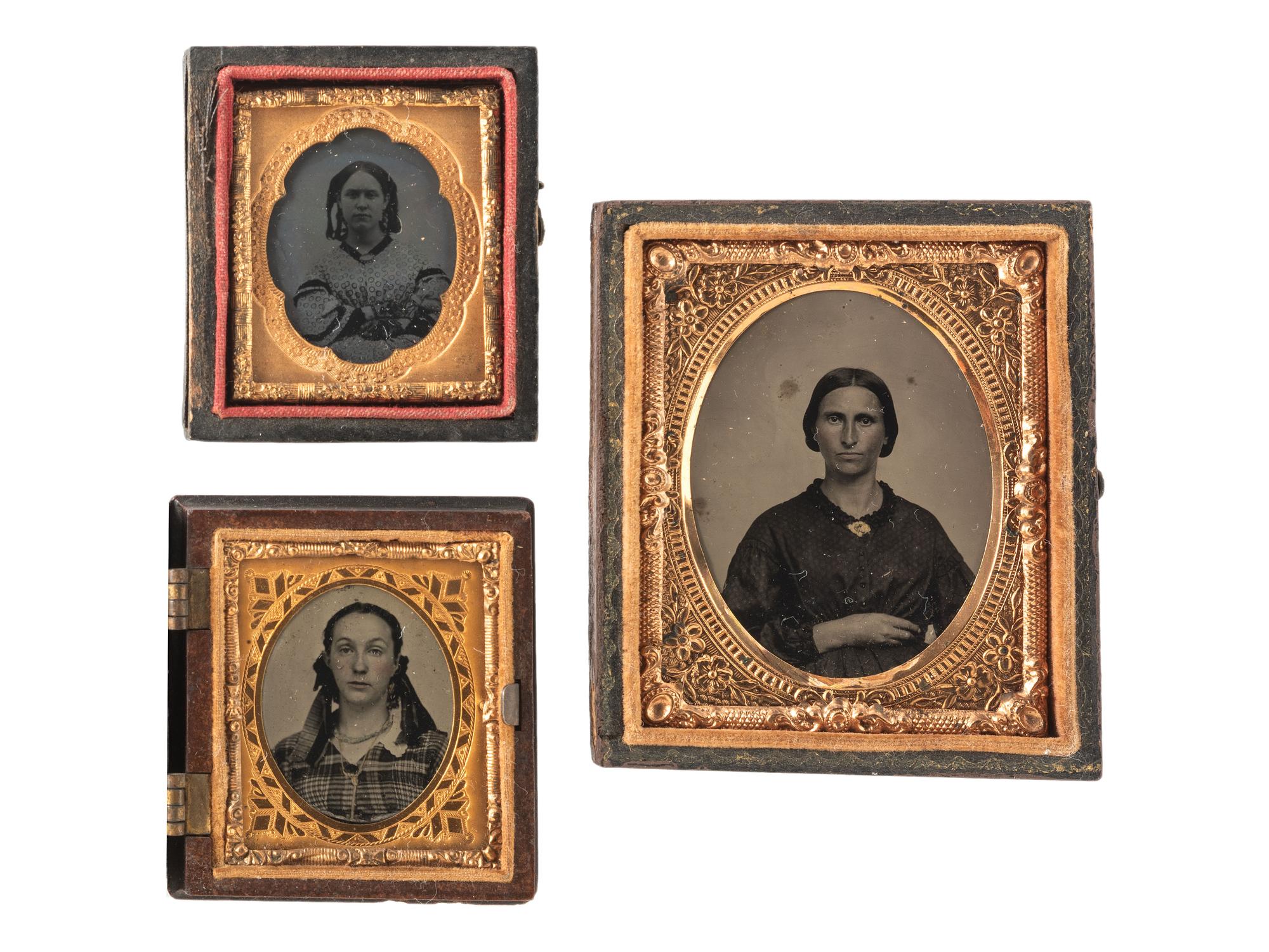 [EARLY PHOTOGRAPHY]. A group of 19 daguerreotypes, ambrotypes, tintypes, and CDVs featuring women, a family, and couples, highlighted by half plate daguerreotype of a young couple.