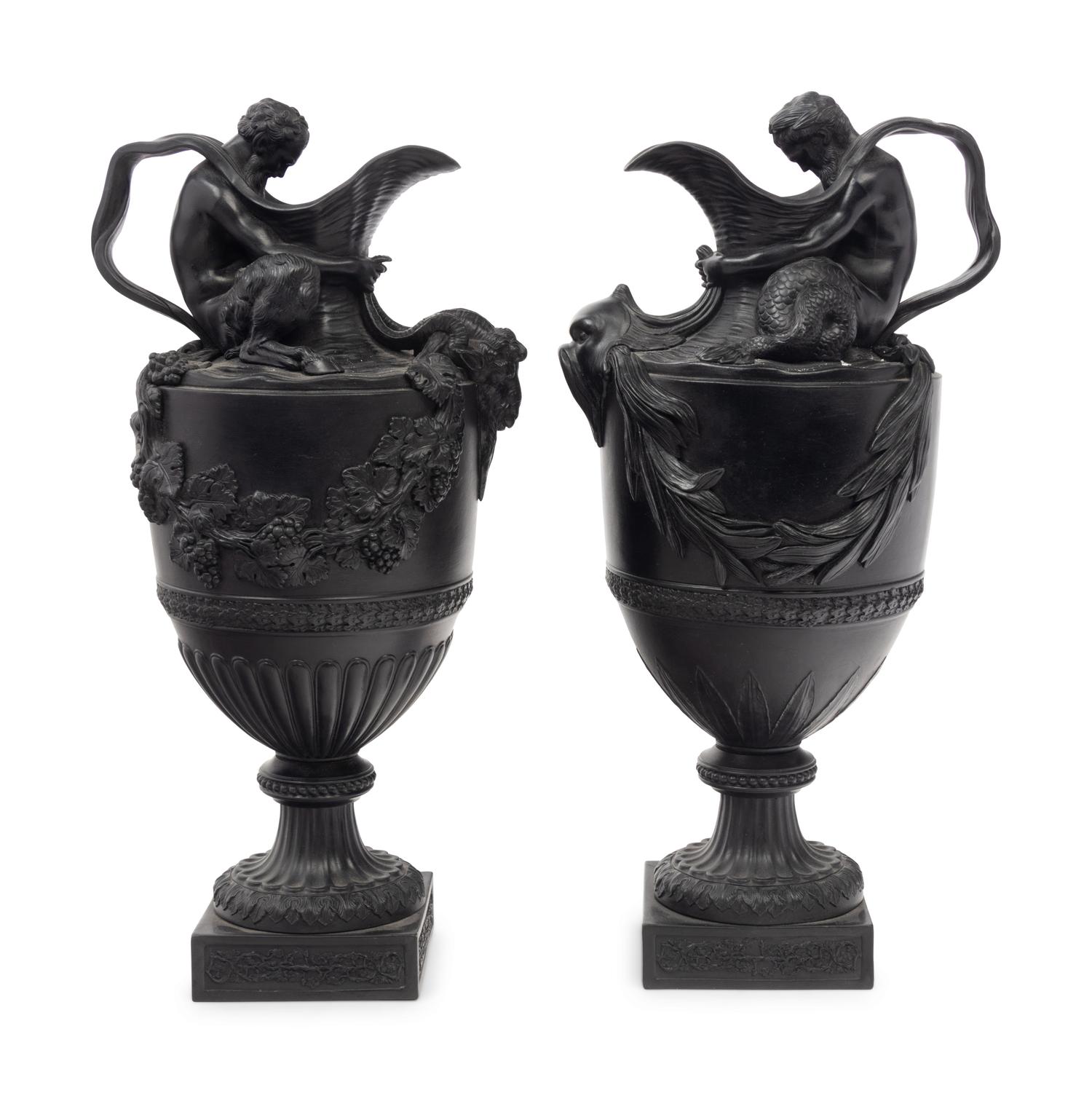 A Pair of Wedgwood Basalt Ewers Emblematic of Water and Wine
