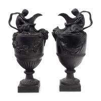 A Pair of Wedgwood Basalt Ewers Emblematic of Water and Wine