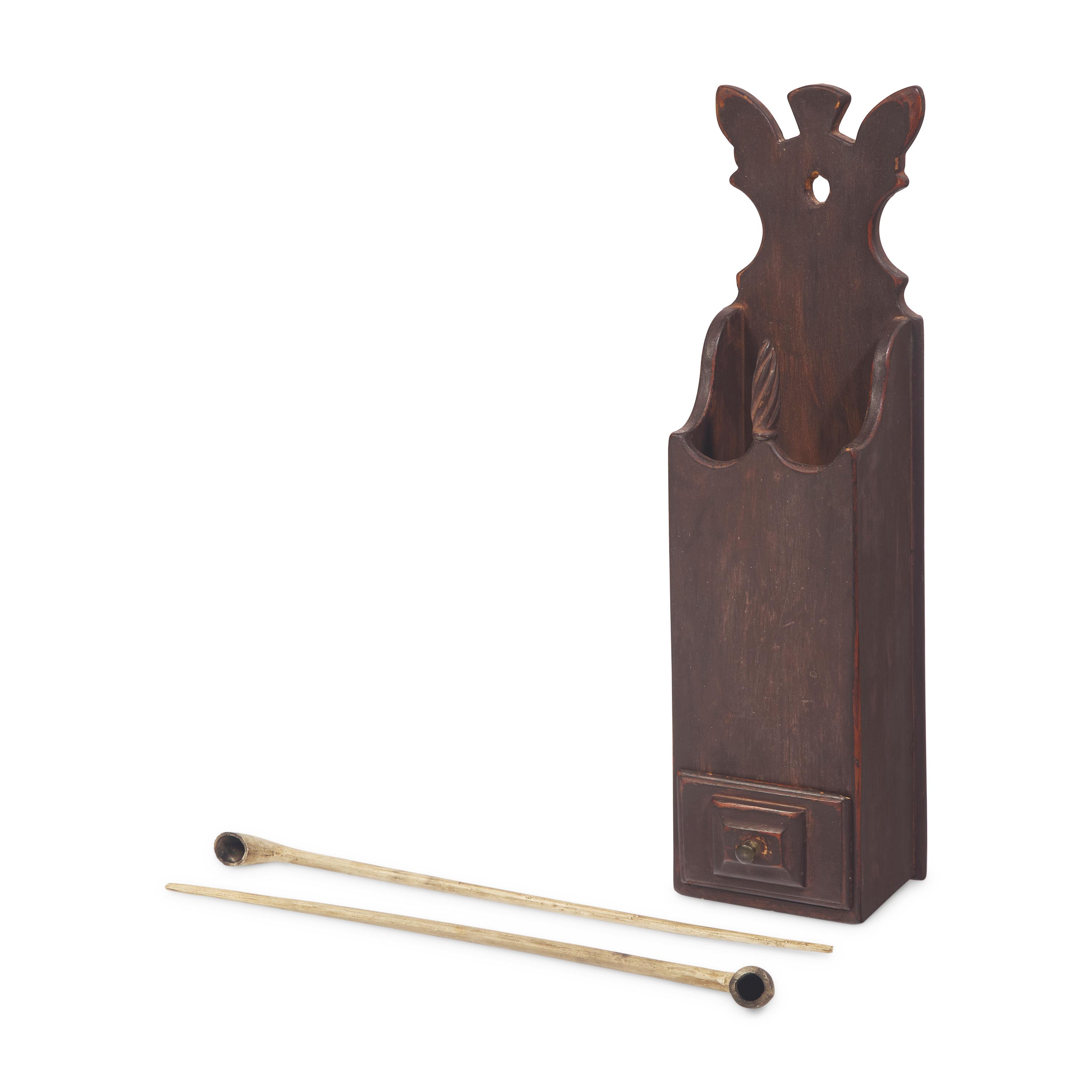 A Queen Anne Painted Pine Pipe Box with Two Clay Pipes