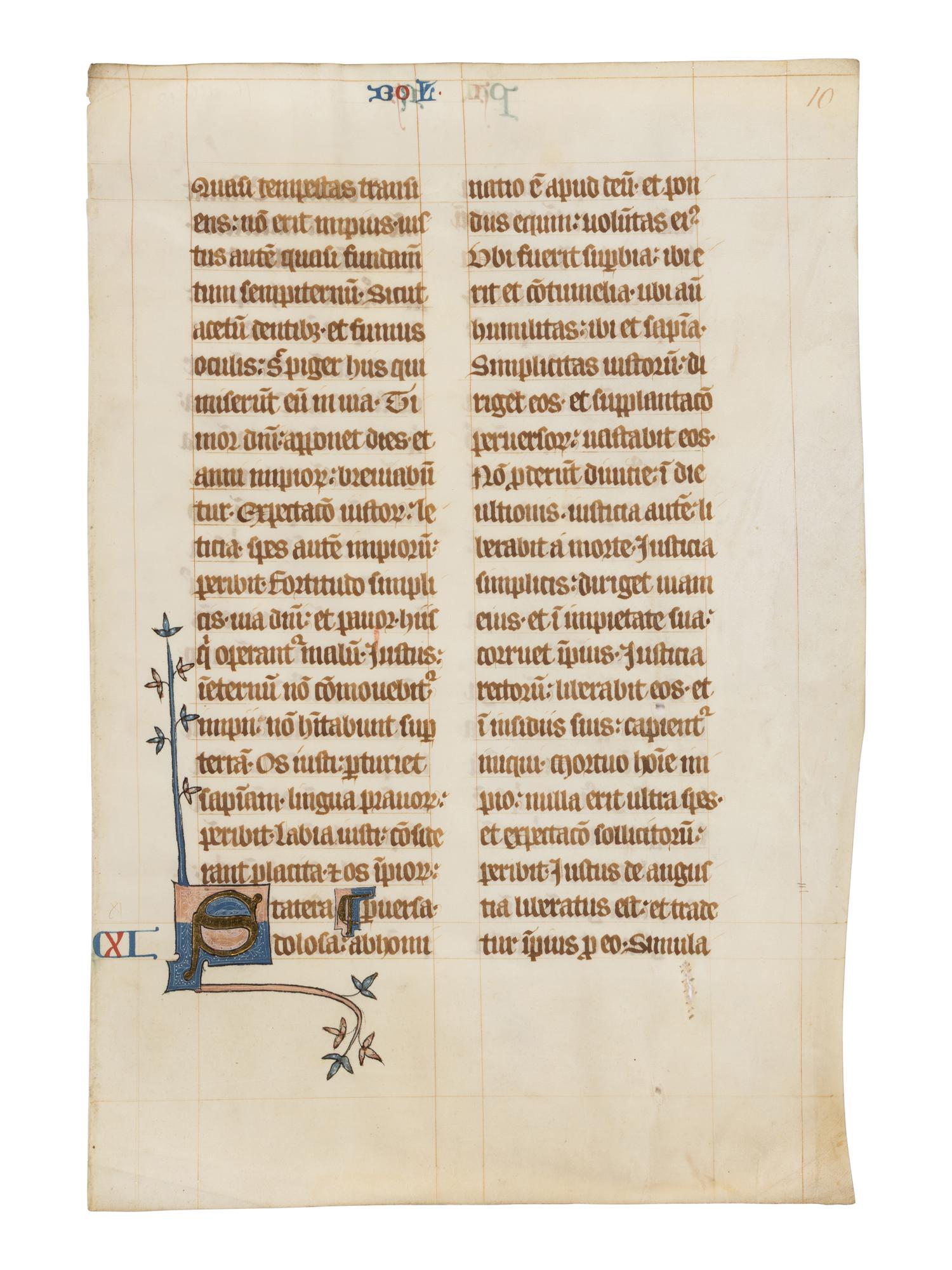BOHUN GROUP ILLUMINATORS (active England, East Anglia, possibly Norwich, c. 1350s-1380s) A leaf from the “Bohun Bible” with illuminated initial ‘S’, in Latin, illuminated manuscript on parchment [England, East Anglia, possibly Norwich, ca. 1350]