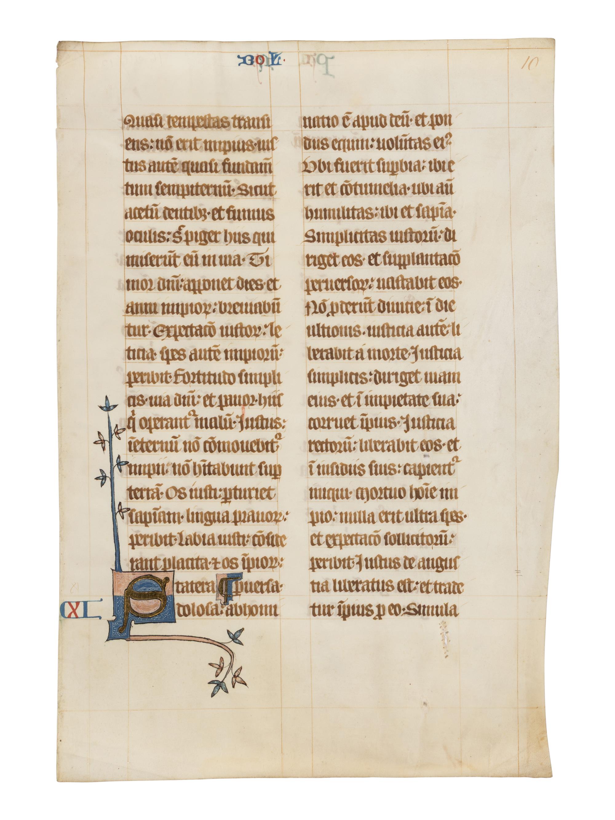 BOHUN GROUP ILLUMINATORS (active England, East Anglia, possibly Norwich, c. 1350s-1380s) A leaf from the “Bohun Bible” with illuminated initial ‘S’, in Latin, illuminated manuscript on parchment [England, East Anglia, possibly Norwich, ca. 1350]