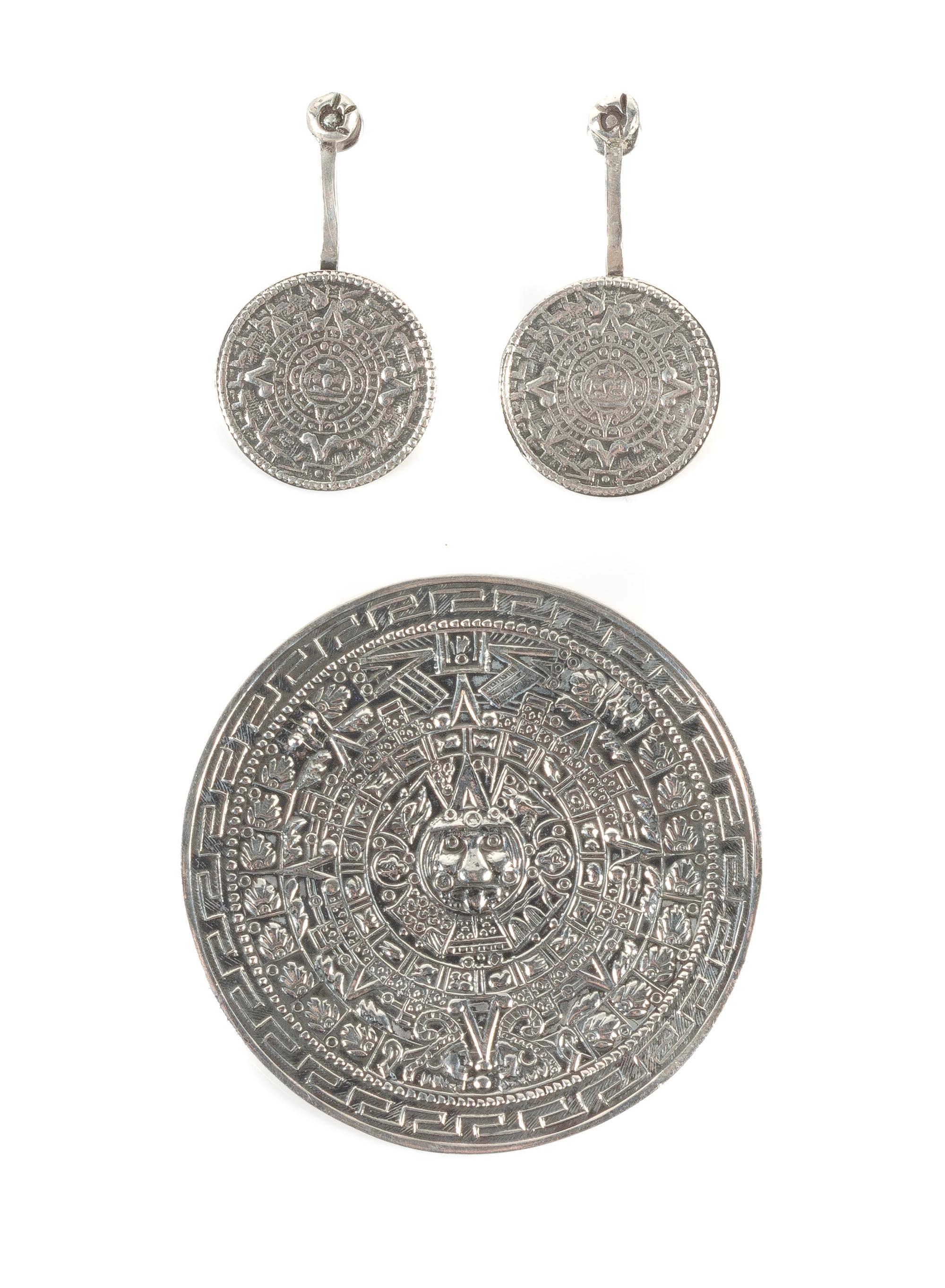 Mexican Silver Brooch and Earrings Diameter 2 1/8 inches