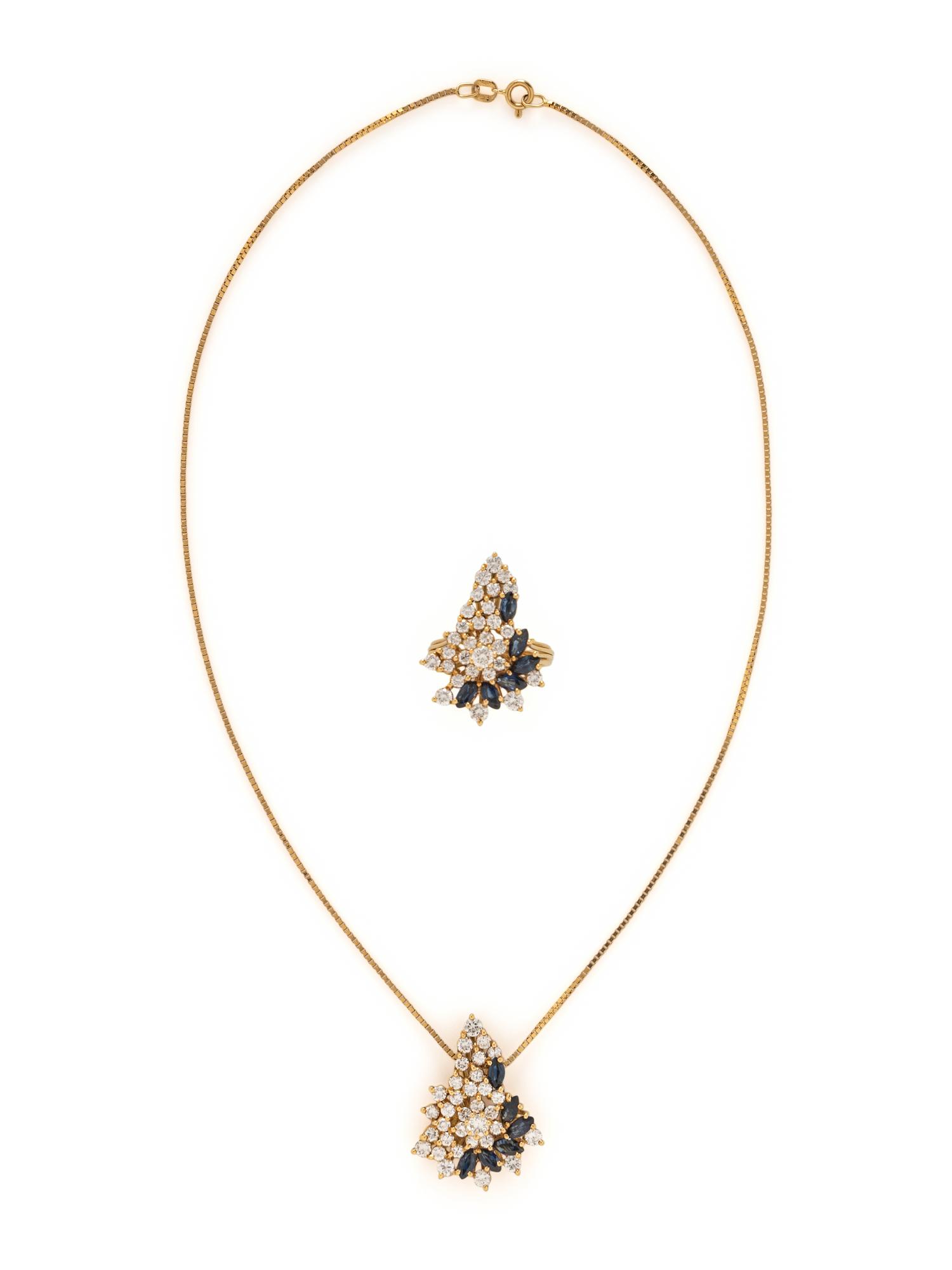 YELLOW GOLD, DIAMOND, AND SAPPHIRE RING AND NECKLACE
