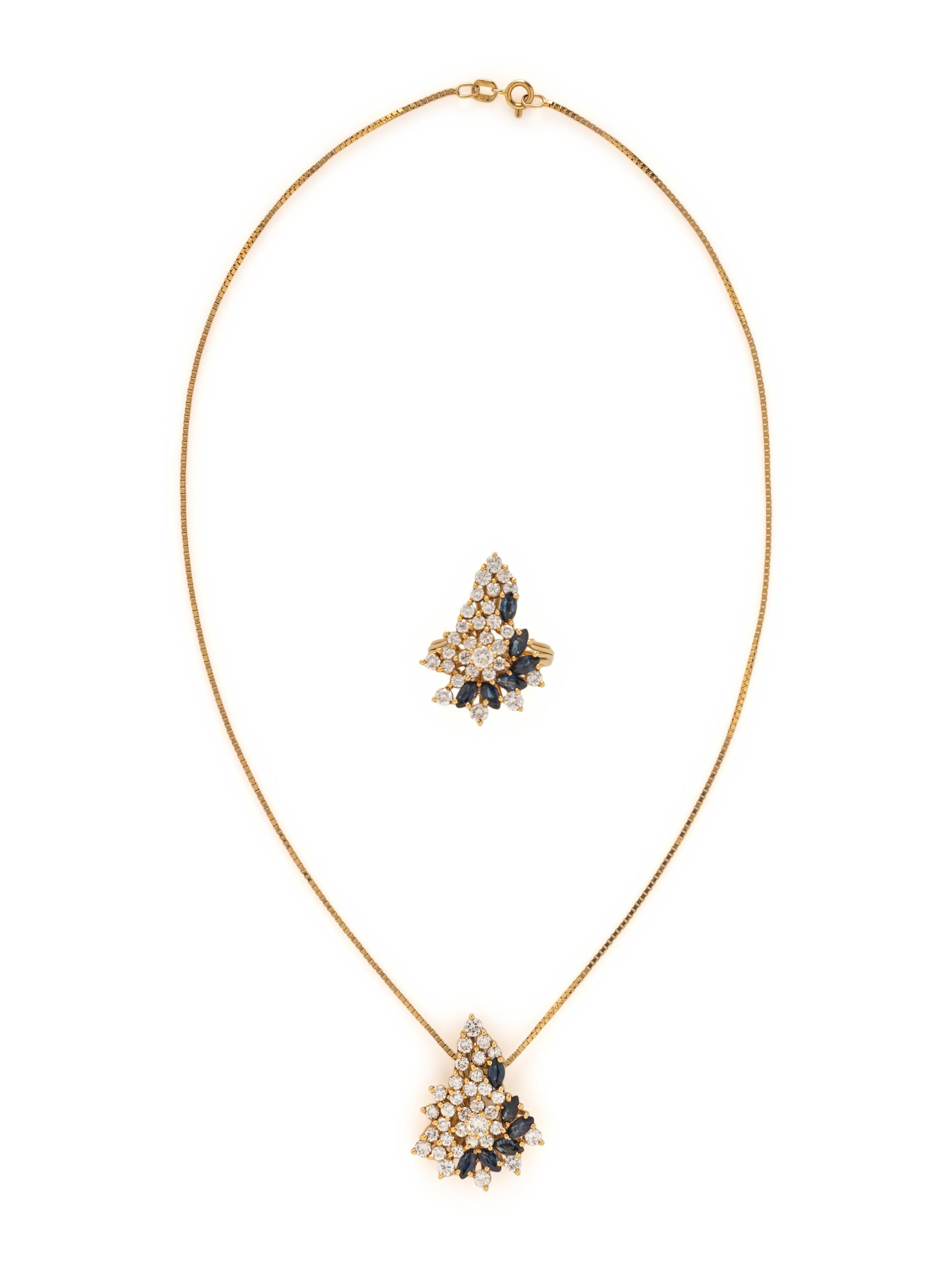 YELLOW GOLD, DIAMOND, AND SAPPHIRE RING AND NECKLACE