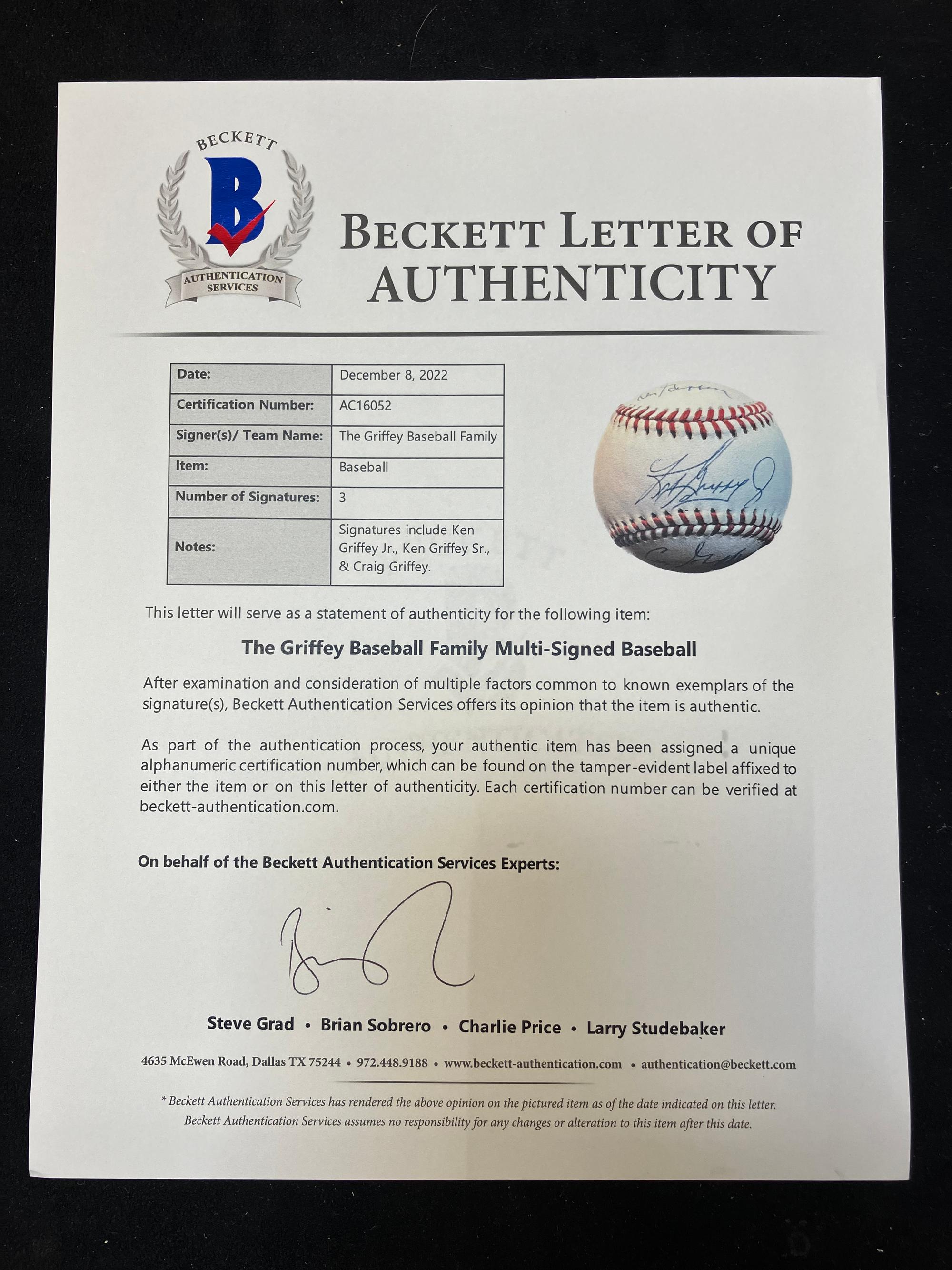 A Griffey Family Signed Autograph Baseball (Beckett Authentication Services Letter)