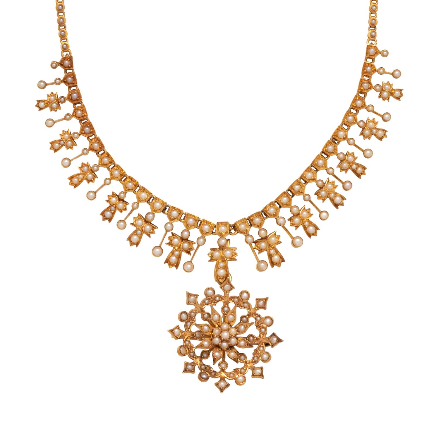 ANTIQUE, YELLOW GOLD AND SEED PEARL PENDANT/NECKLACE