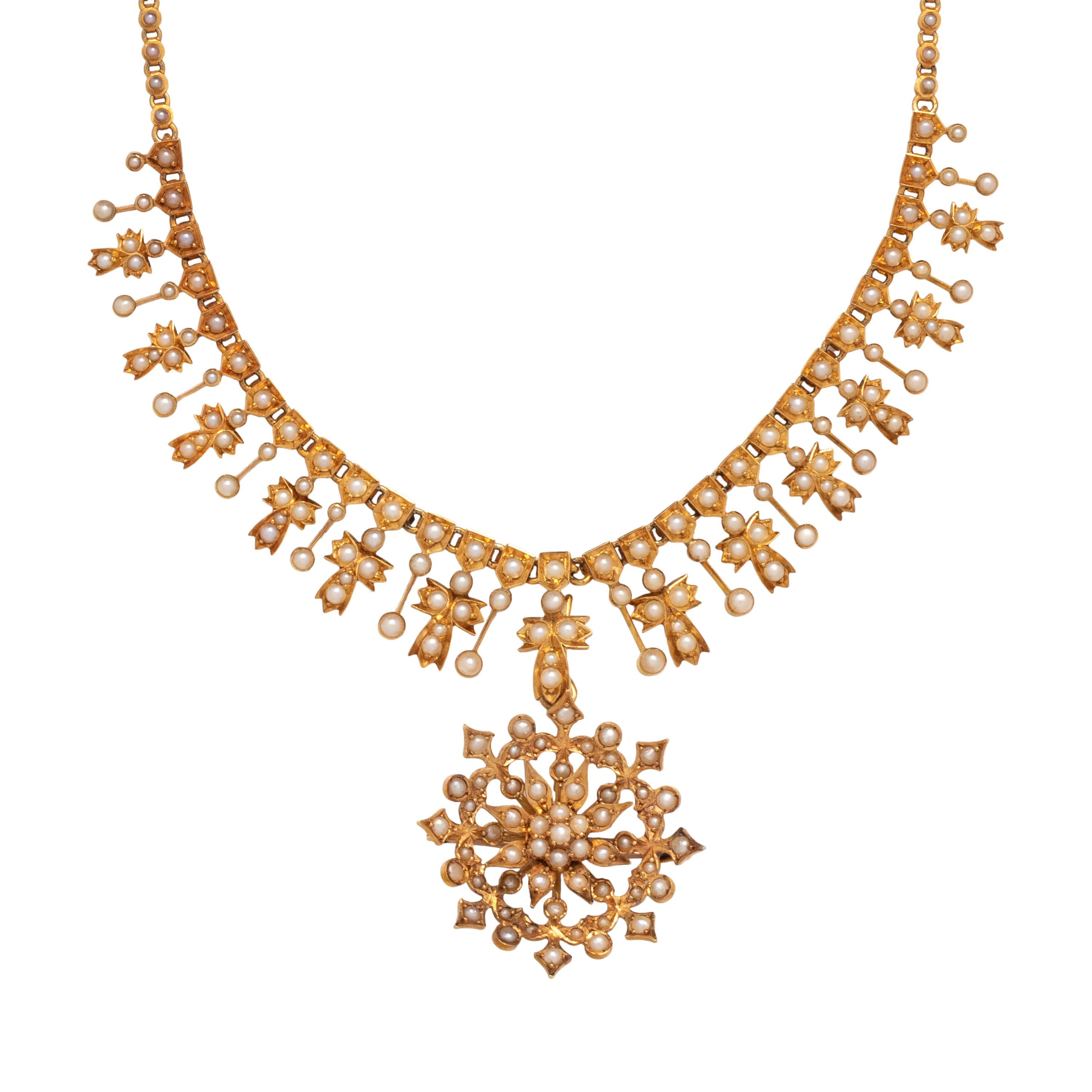 ANTIQUE, YELLOW GOLD AND SEED PEARL PENDANT/NECKLACE