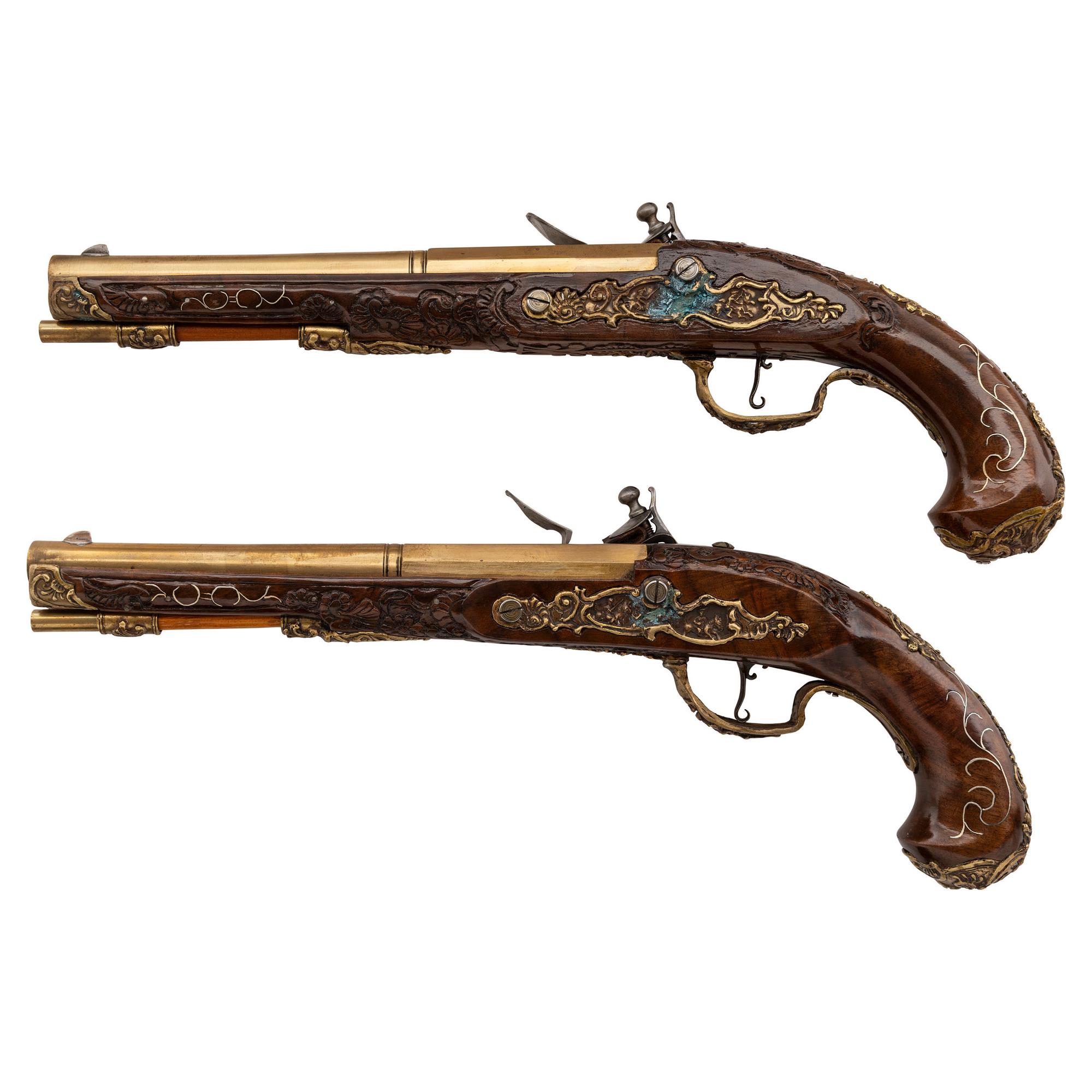 Contemporary Cased Pair of Flintlock Pistols in the Style of Leopold Becher by John B. Derrick (American, b.1936)