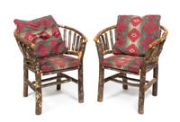 Three Twig Arm Chairs with Upholstered Cushions, Flat Rock Furniture Company Height of largest 28 x width 42 x depth 39 inches.