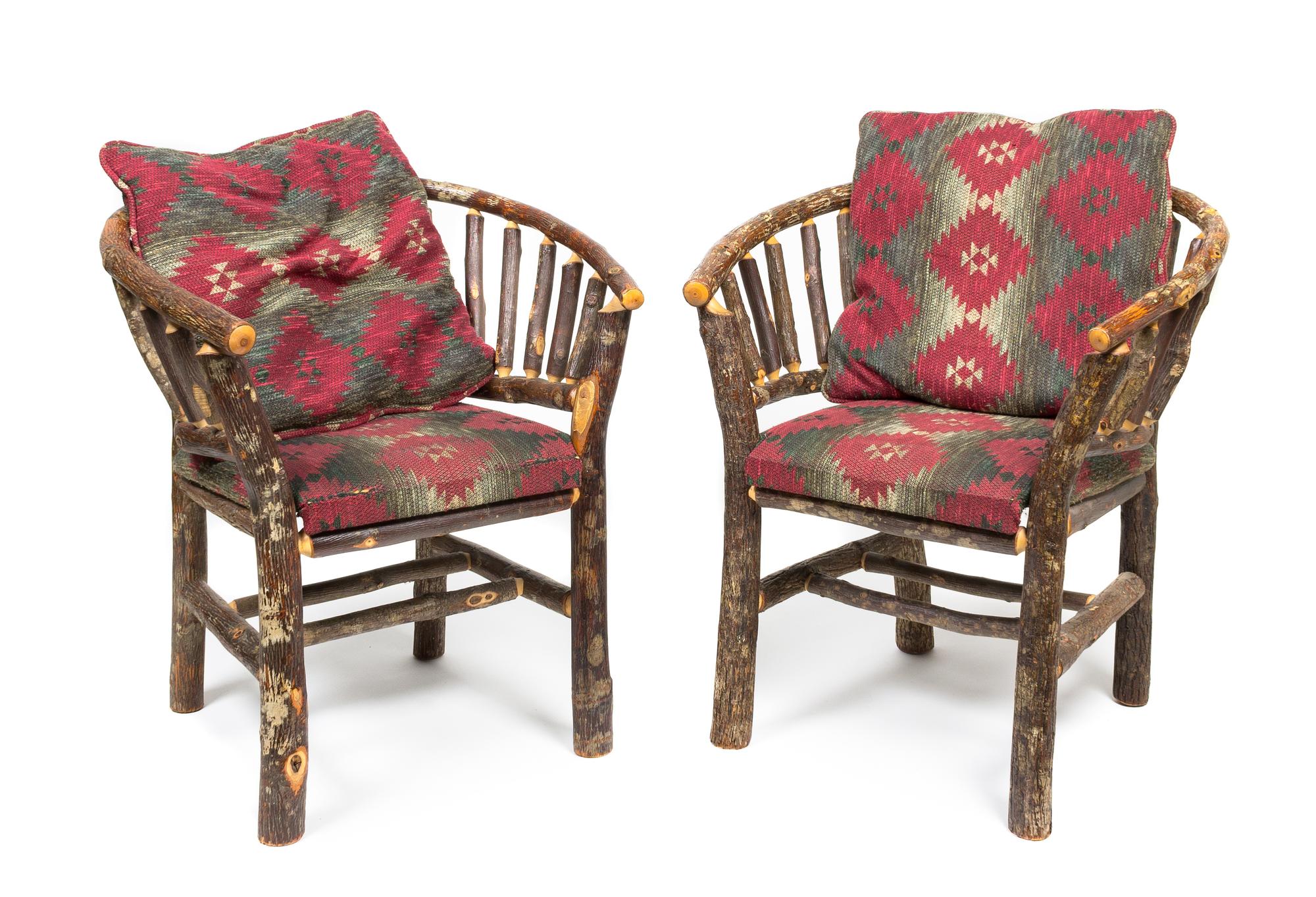 Three Twig Arm Chairs with Upholstered Cushions, Flat Rock Furniture Company Height of largest 28 x width 42 x depth 39 inches.