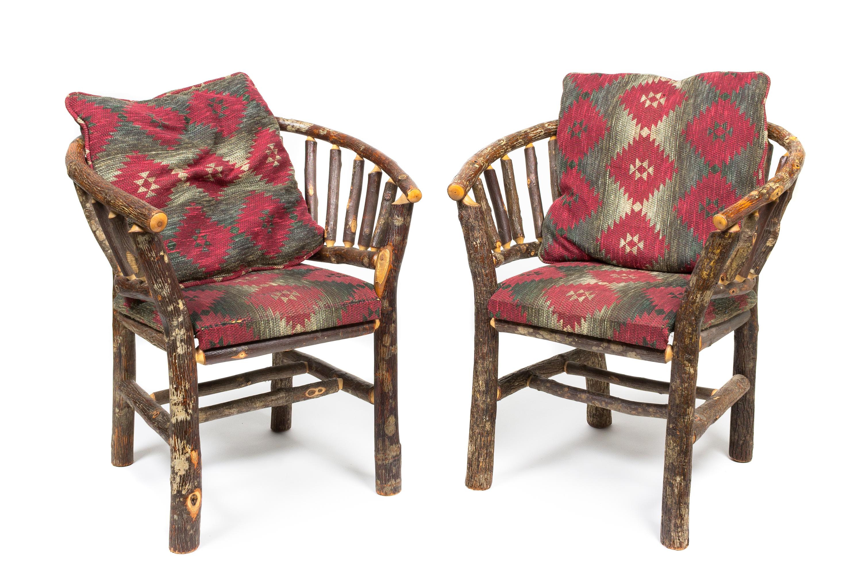 Three Twig Arm Chairs with Upholstered Cushions, Flat Rock Furniture Company Height of largest 28 x width 42 x depth 39 inches.
