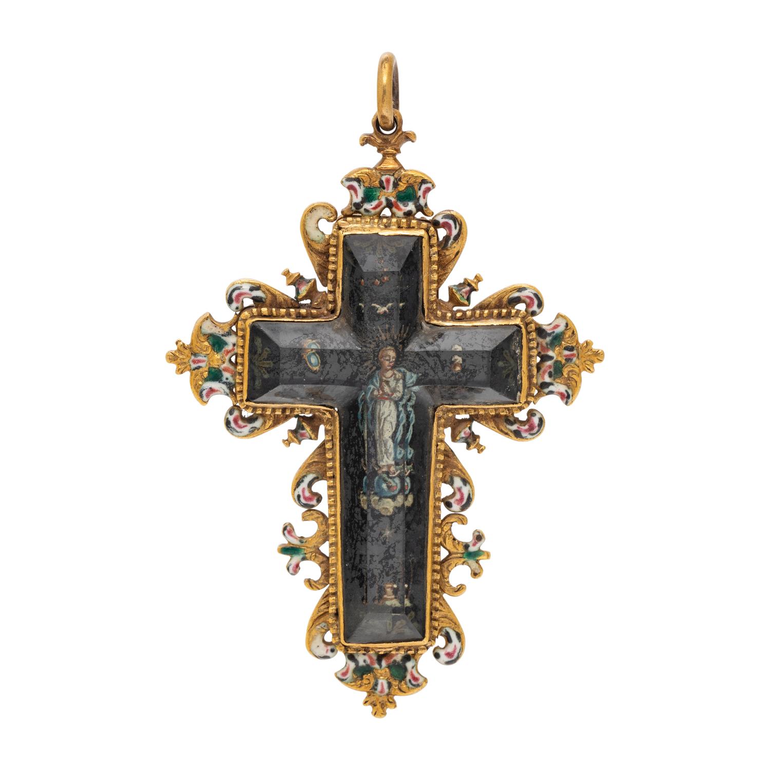 RENAISSANCE, YELLOW GOLD, ROCK CRYSTAL AND ENAMEL CROSS PENDANT