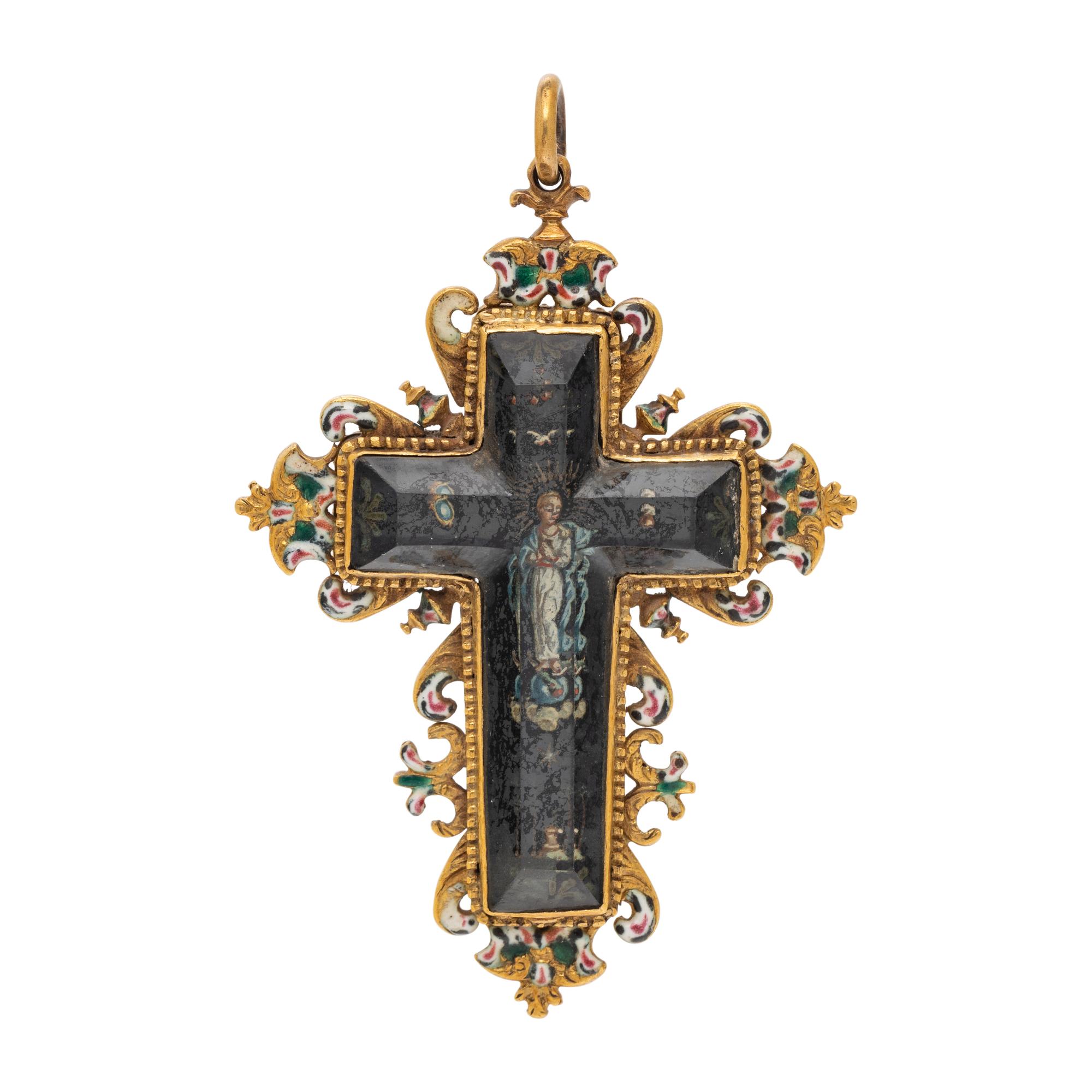 RENAISSANCE, YELLOW GOLD, ROCK CRYSTAL AND ENAMEL CROSS PENDANT