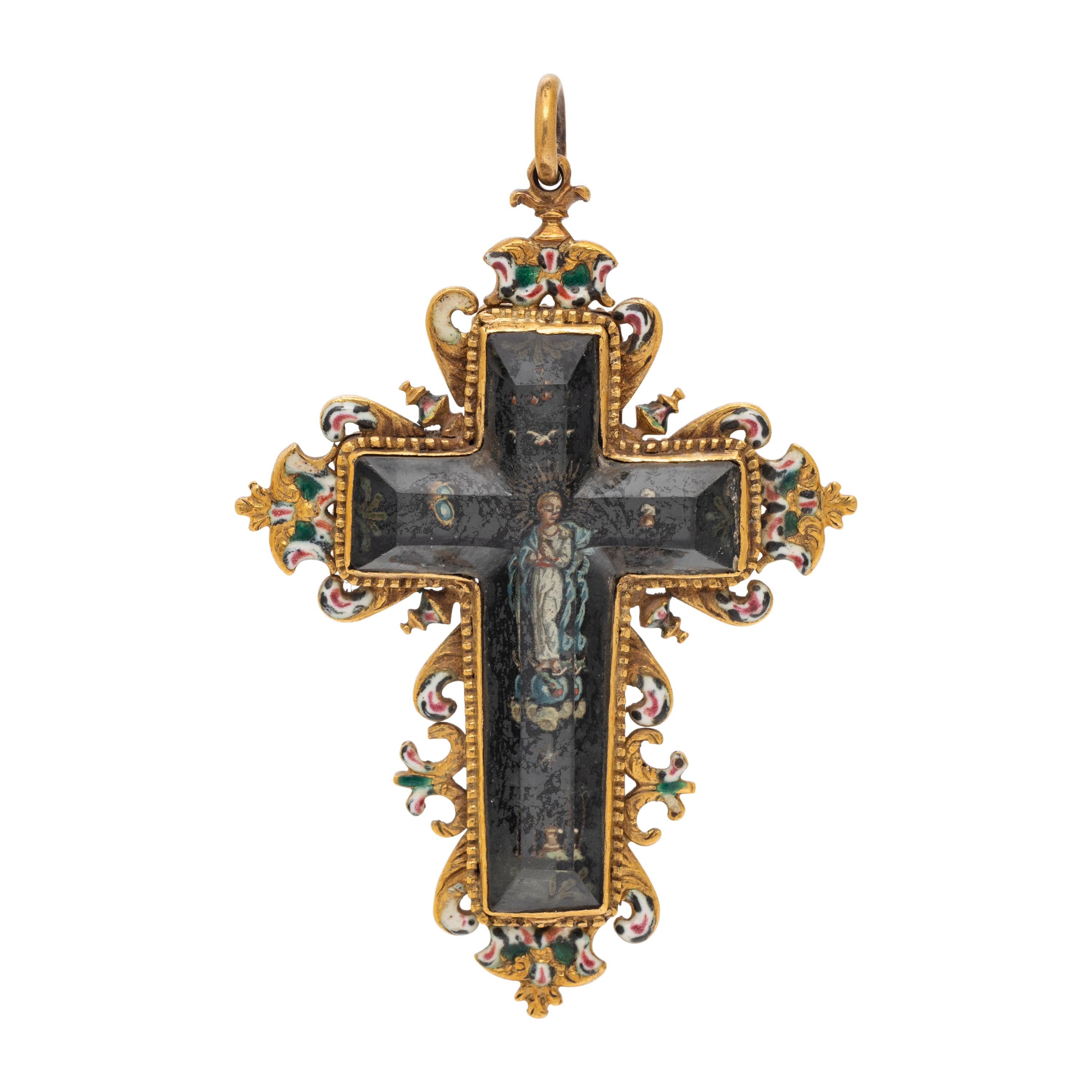 RENAISSANCE, YELLOW GOLD, ROCK CRYSTAL AND ENAMEL CROSS PENDANT