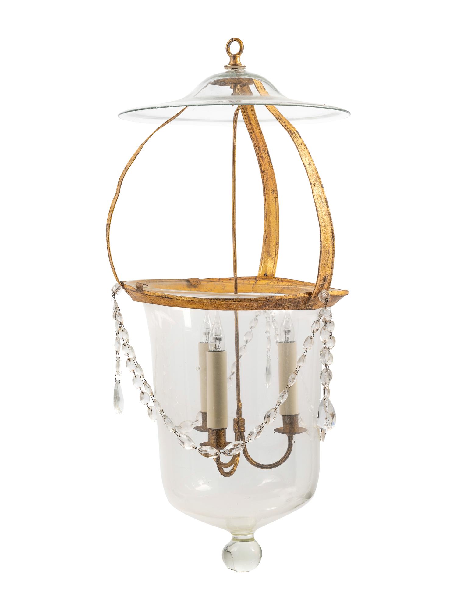 A Regency Style Gilt Metal and Glass Three-Light Lantern