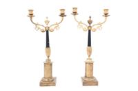 A Pair of French Gilt and Patinated Bronze Two-Light Candelabra