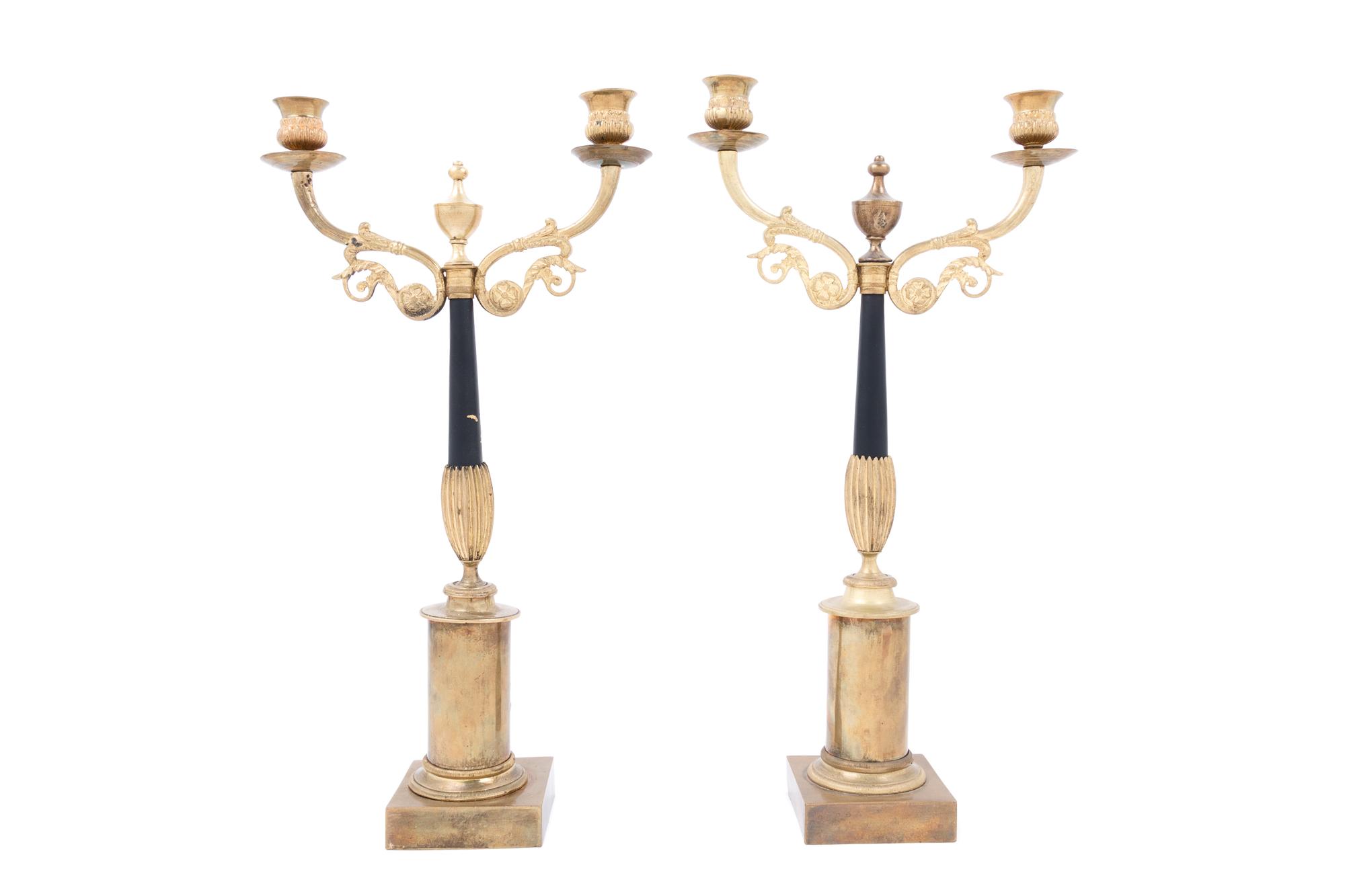 A Pair of French Gilt and Patinated Bronze Two-Light Candelabra