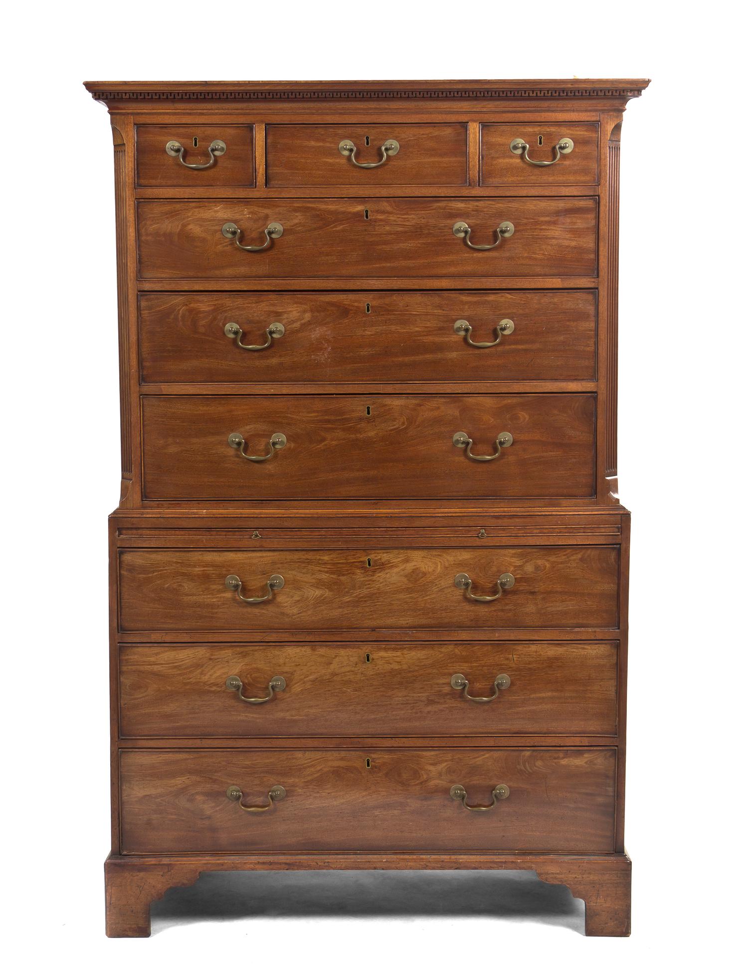 A George III Mahogany Chest on Chest, Height 69 x width 44 x depth 21 1/2 inches.