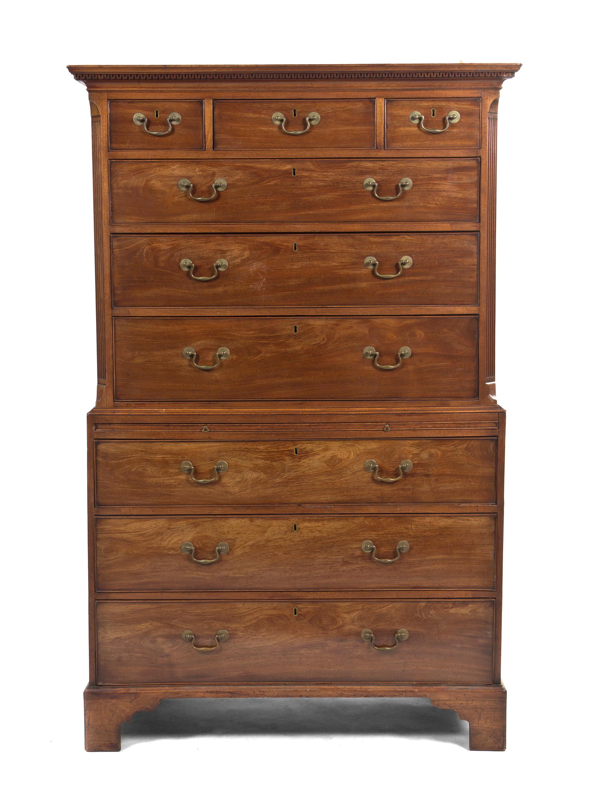 A George III Mahogany Chest on Chest, Height 69 x width 44 x depth 21 1/2 inches.